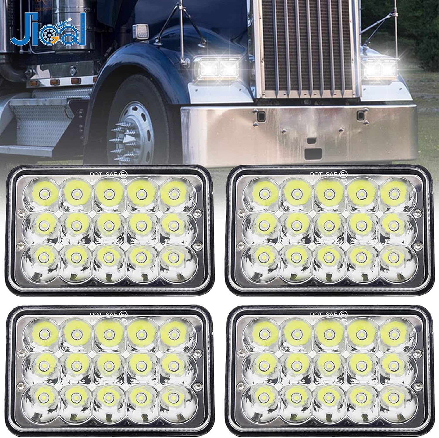 JIGAL(4pcs) Approved 4x6 Inch LED Headlights 45W High Low Sealed Beam Rectangular LED Headlamp Replace with H4651 H4652 H4656 H4666 H6545 H4668 H4642 for Peterbil Kenworth Freightinger Probe Chevr.