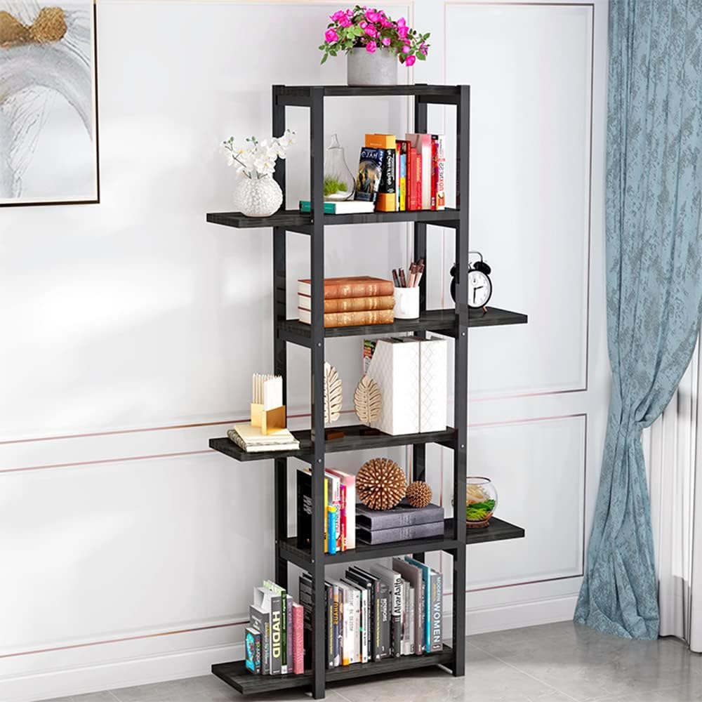 6-Tier Book Shelves, Metal Frame Industrial Bookshelf, Wooden Bookcase Office Furniture Storage Display Shelves for Bathroom Living Room Kitchen (Black)