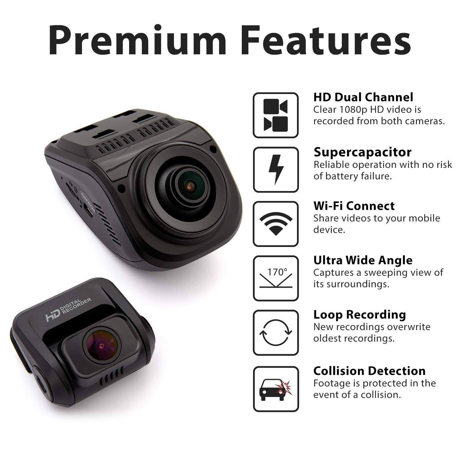 Rexing V1P 3rd Generation Dual 1080p Full HD Front and Rear 170 Degree Wide Angle Wi-Fi Car Dash Cam with Supercapacitor, 2.4 in