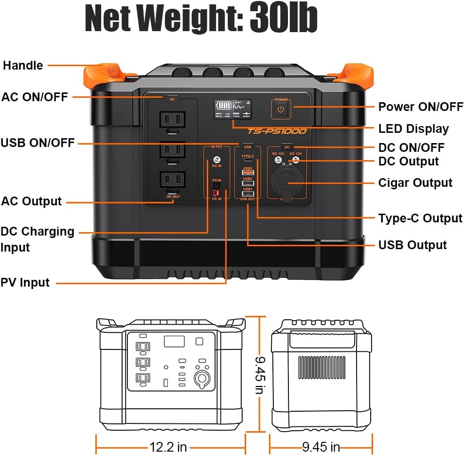 Portable Power Station, 1100Wh Solar Generator, TS-PS1000 110V/1000W Backup Power with 3 x AC Outlets(Peak 2000W) and 3 x USB Ports, Solar Power Station for Camping, Road Trips, Emergency Power, and More.&hellip;