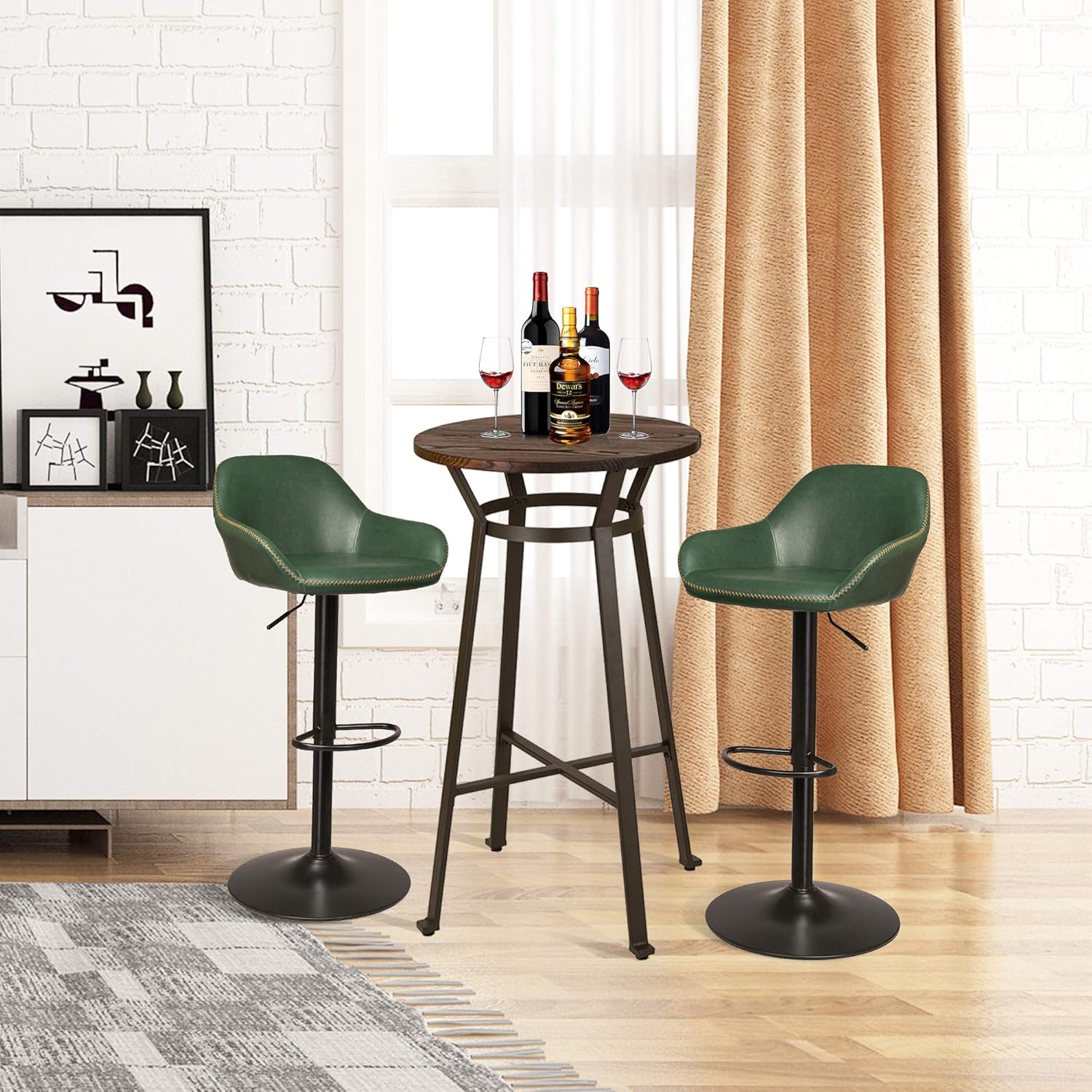 Glitzhome Rustic Steel Bar Table Round Wood Top and Yellow Adjustable Swivel Bar Stool with Back Support,Set of 3