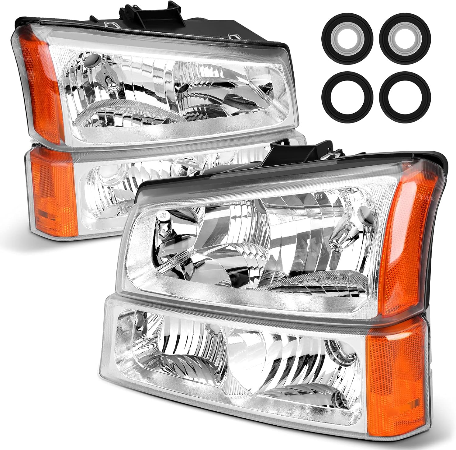 POLLY WALES Headlights Assembly Compatible with 2003-2006 Chevy Silverado - Black Housing Clear Lens Clear Reflector