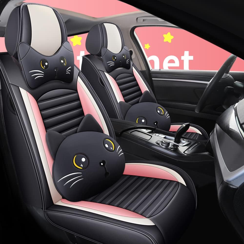 LK02 PU Breathable Leather Car Seat Cover 5-Seats Universal Fit (Luxury Black-Pink)