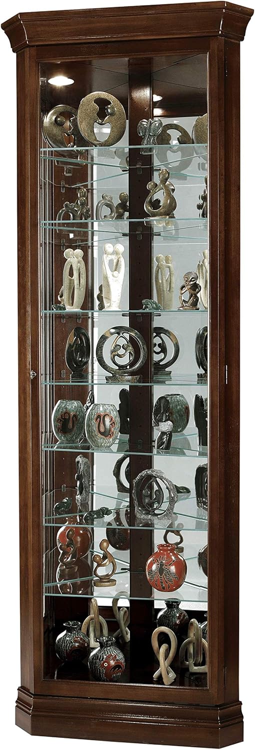 Howard Miller Drake Corner Curio Cabinet 680-483 &ndash; Cherry Bordeaux Finish, Seven Glass Shelves, Eight Level Display Case, Locking Door, No Reach Light