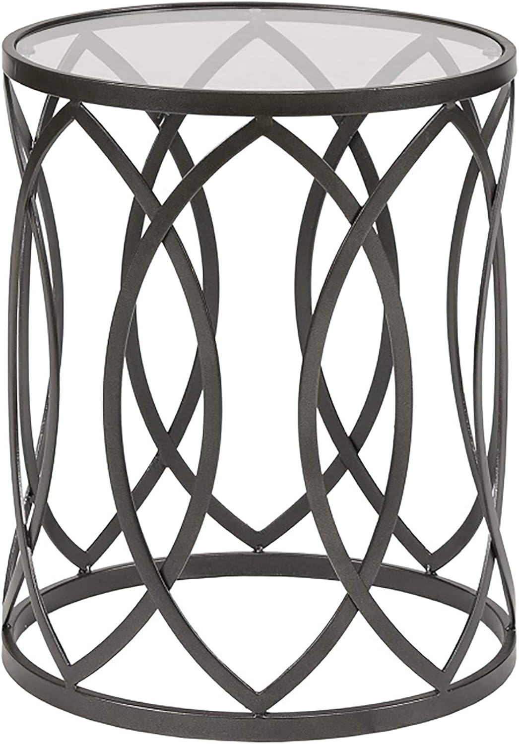 Madison Park Arlo Accent Tables For Living Room, Glass Top Hollow Round, Small Metal Frame Geometric Eyelet Pattern Luxe Modern Stylish Nightstand Bedroom Furniture, Silver