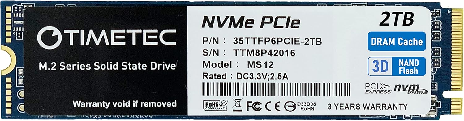 Timetec 2TB with DRAM Cache SSD NVMe PCIe Gen3x4 8Gb/s M.2 2280 3D NAND TLC 1800TBW High Performance Read/Write Speed Up to 3,400/3,000 MB/s Internal Solid State Drive for PC Laptop and Desktop