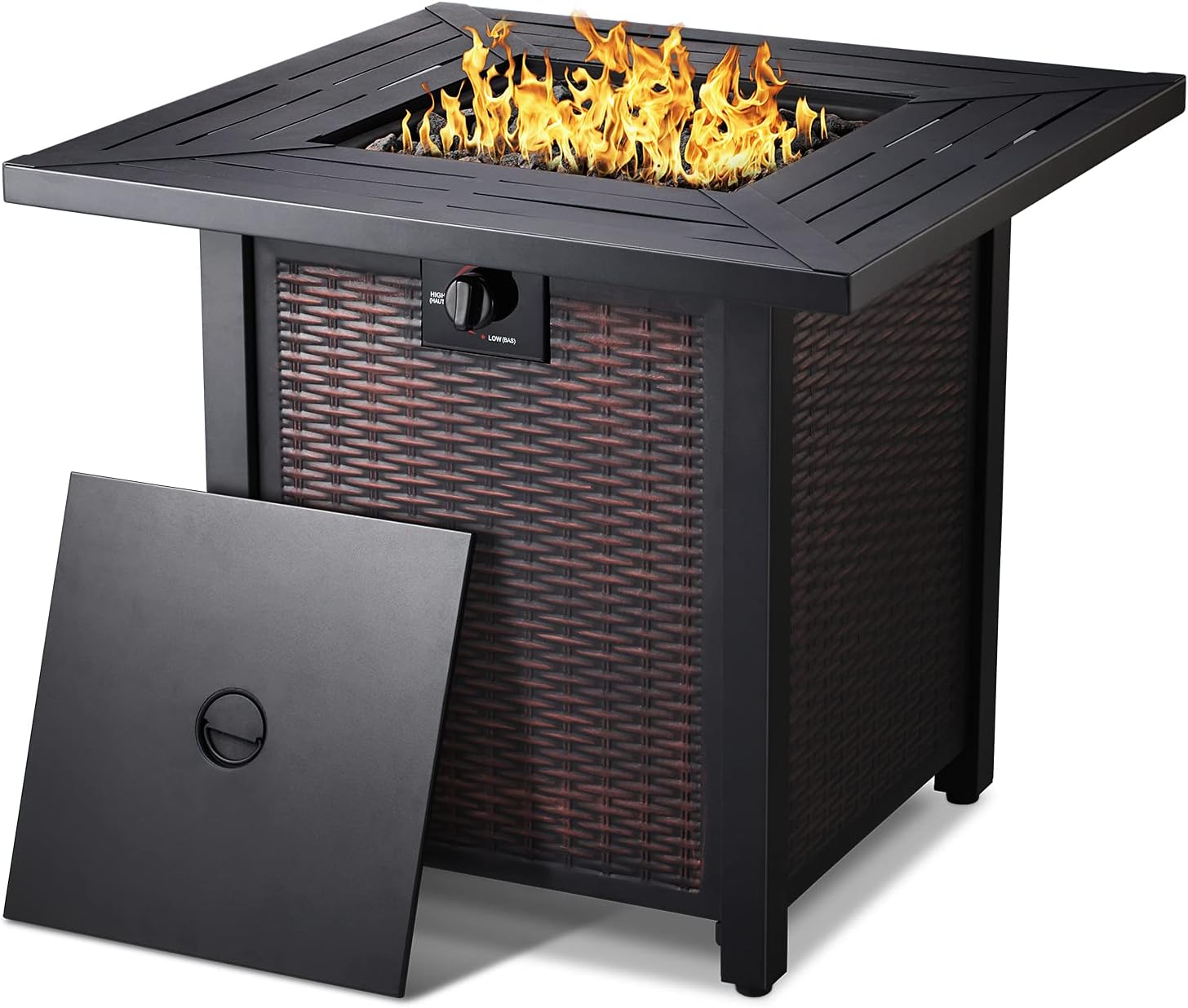 Propane Fire Pit Table，50,000 BTU Square Gas Firepits ETL Certification Rattan & Wicker-Look Surface Steel Square Fire Table with Adjustable Flame Apply to Garden/Patio/Courtyard (28inch)