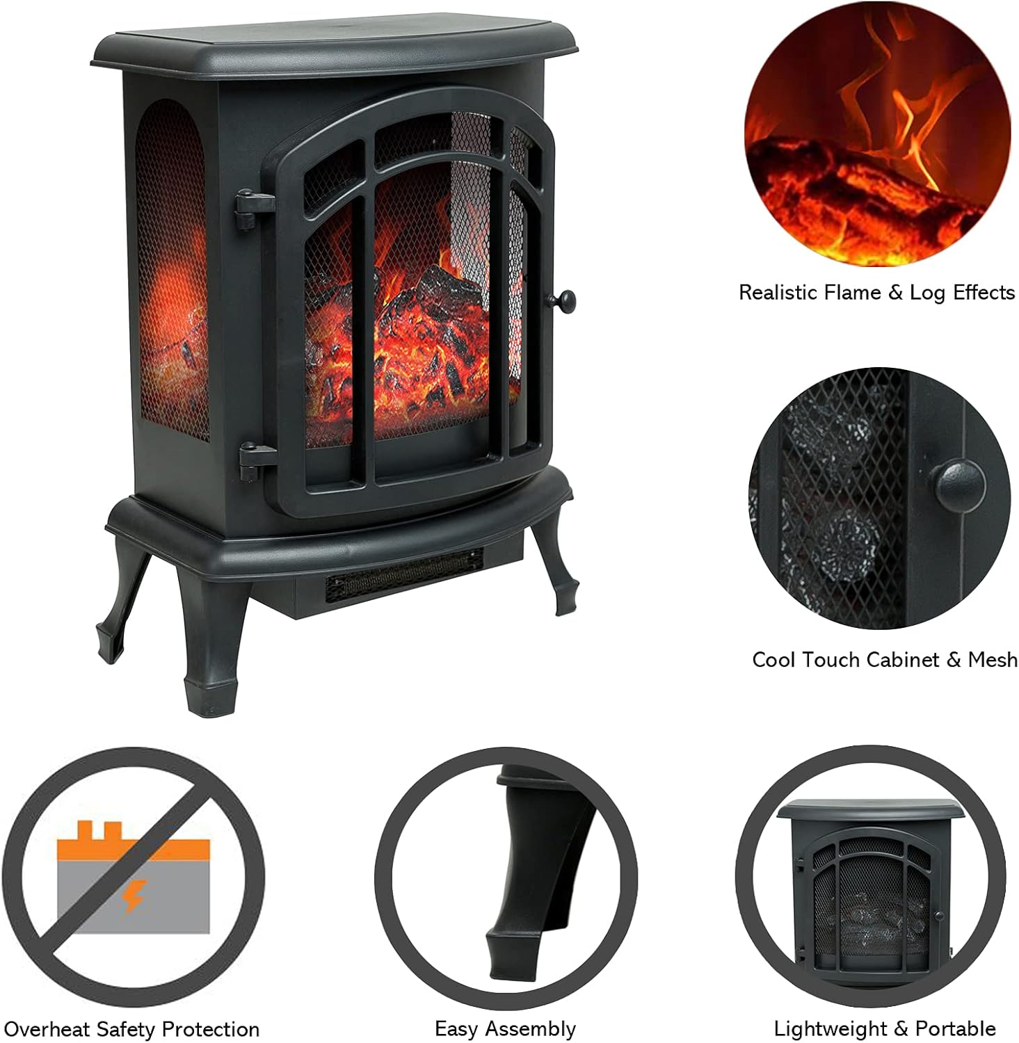 C-Hopetree Portable Electric Wood Stove Fireplace with Flame Effect, Freestanding Indoor Space Heater with Remote, 24 inch Tall