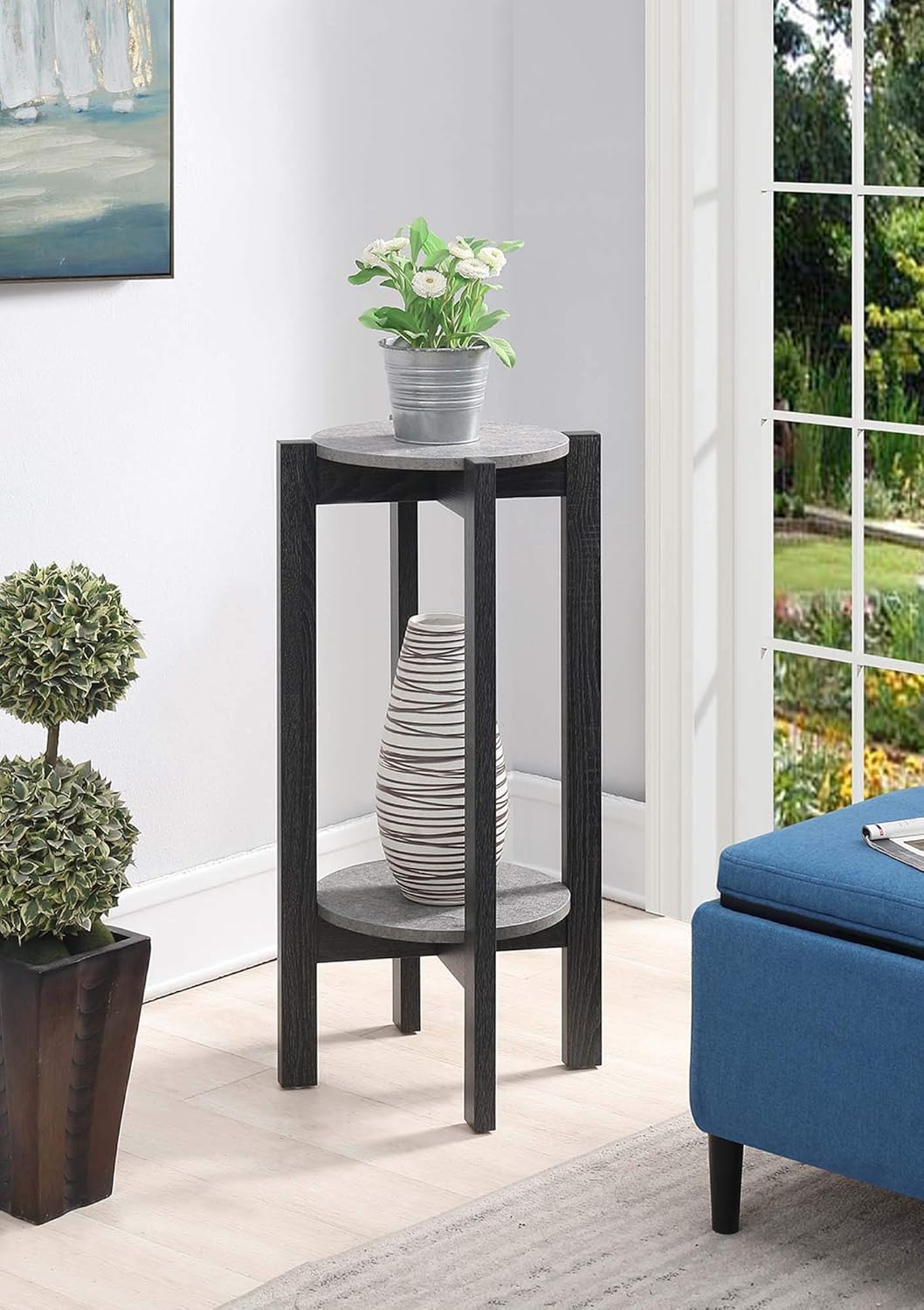 Convenience Concepts Newport Deluxe Plant Stand, Faux Cement / Black Pack of 2