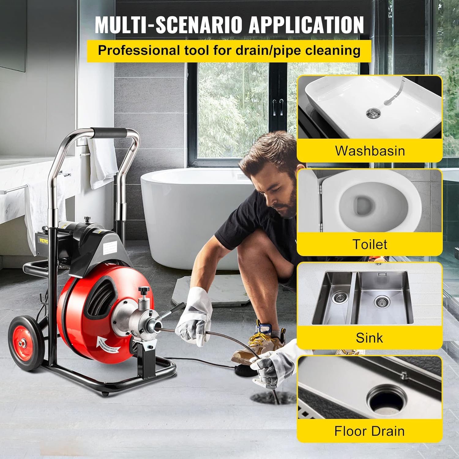 VEVOR Drain Cleaner Machine 100ftx1/2in Electric Drain Auger 550W Sewer Snake Drill Machine, fit 1 Inch (25mm) to 4 Inch(100mm) Pipes, w/Wheels, Cutters, Foot Switch, for Drain Cleaners Plumbers