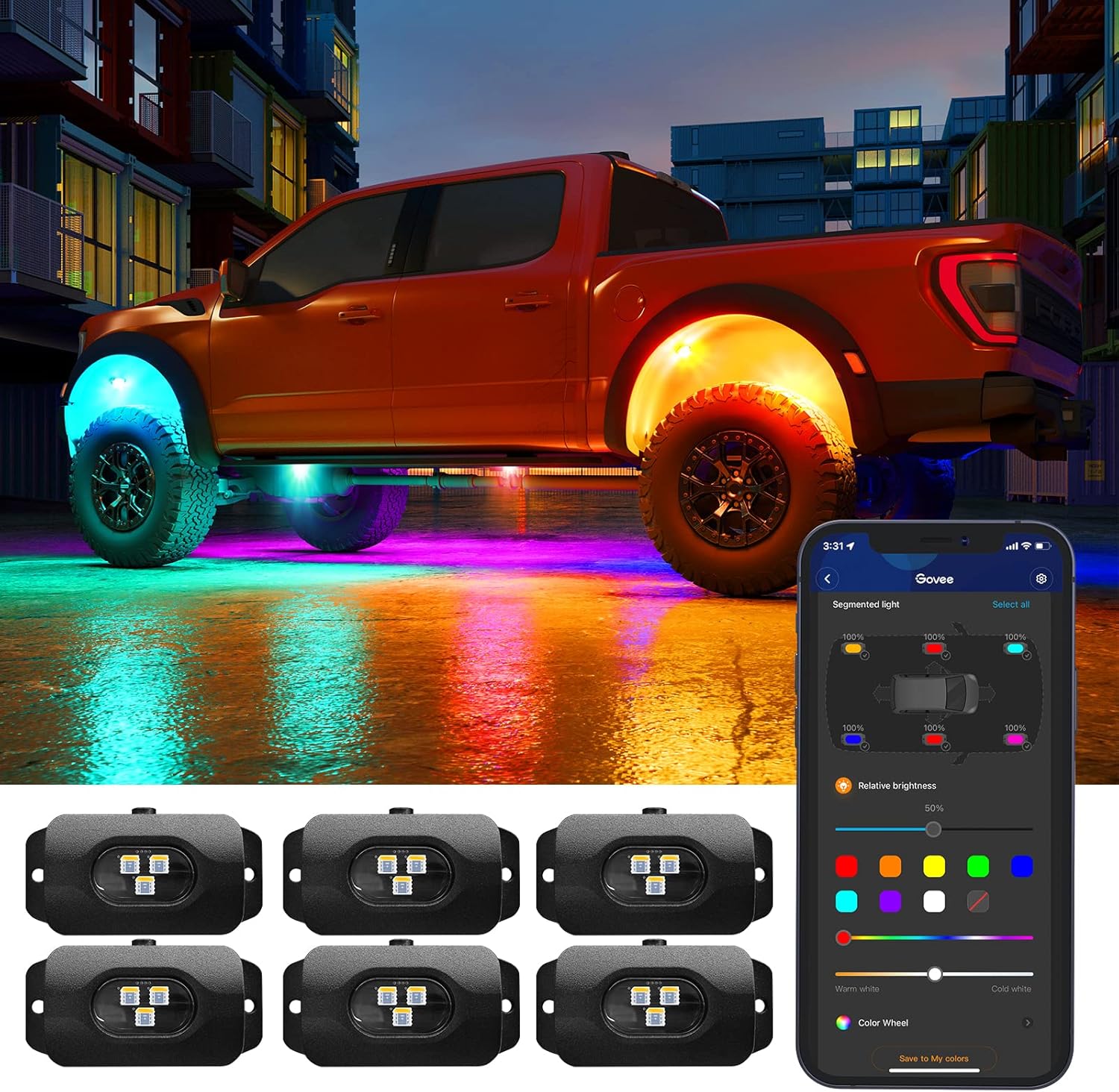 Govee RGBW LED Rock Lights, Car LED Rock Lights for Truck, IP67 Waterproof Underglow with App Control, Music Sync Mode, 64 Scene Effect Modes, DC 12V (Pack of 6 Pods) Pack of 2