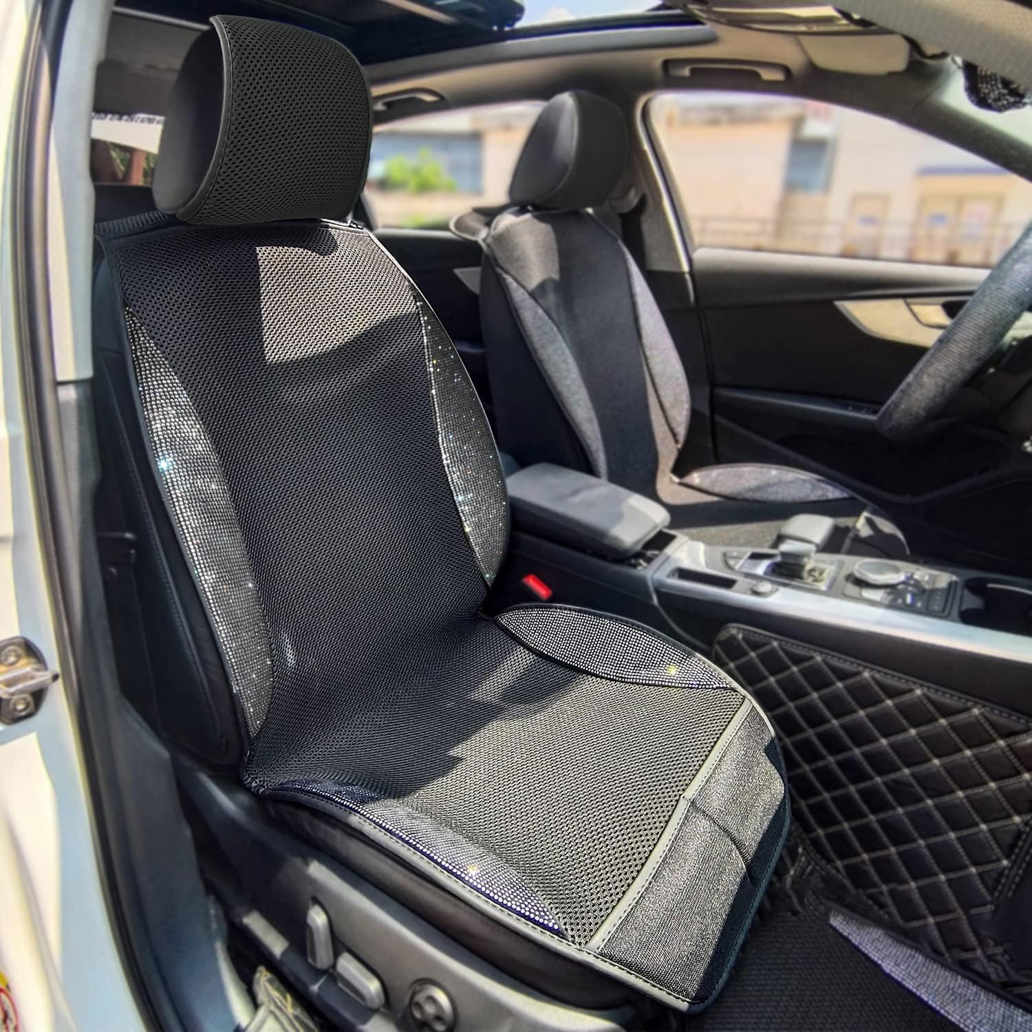 Lady Crystal Bling Ice Silk 1 Pair Front Car Seat Covers, Luxury Car Protectors, Universal Anti-Slip&Sun-Resistant Driver Seat Cover with Backrest,Breathable&Cool