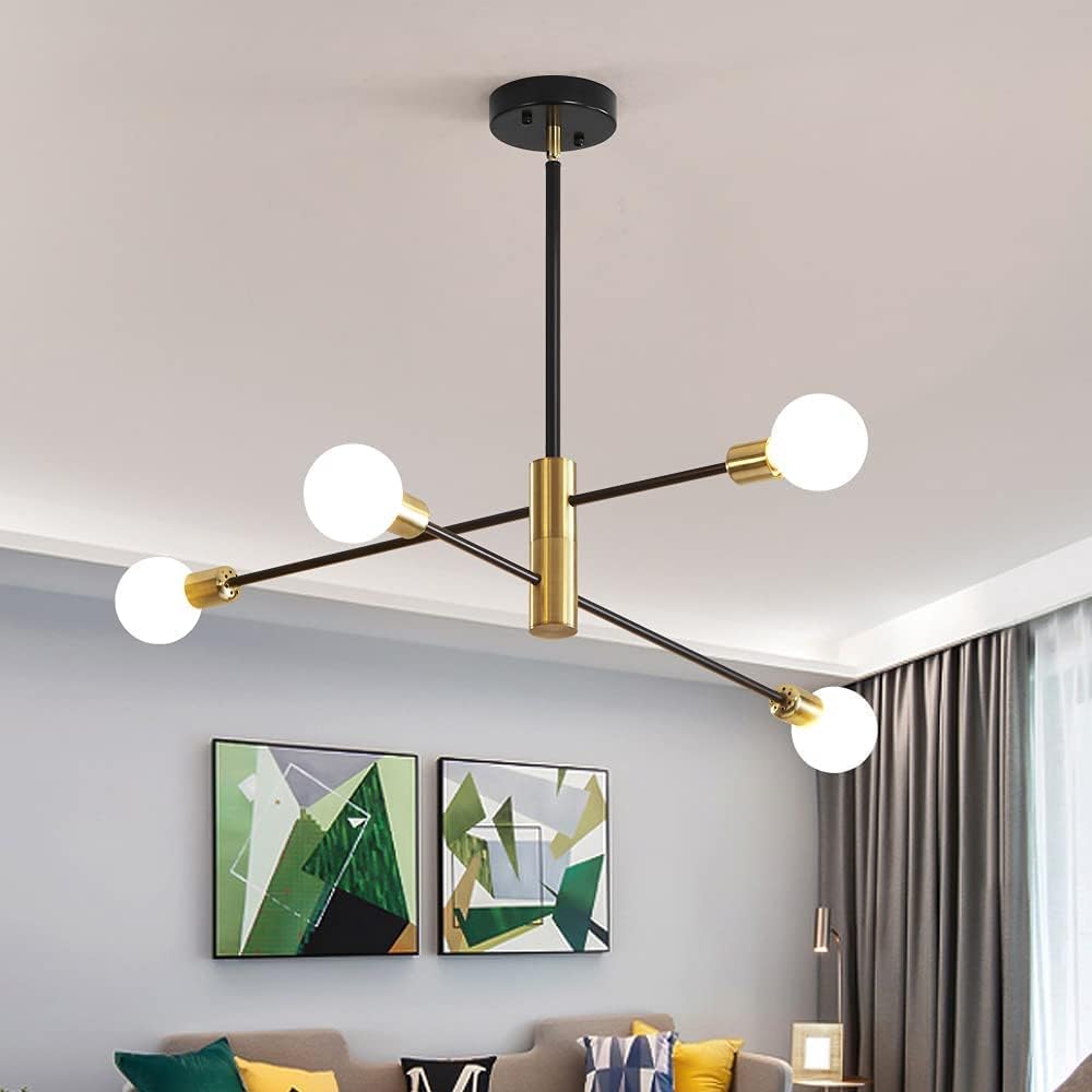 Sputnik Chandeliers Mid Century Black and Gold Light Fixture 4 Light Modern Ceiling Light for Living Room,Kitchen,Bedroom,Dining Room