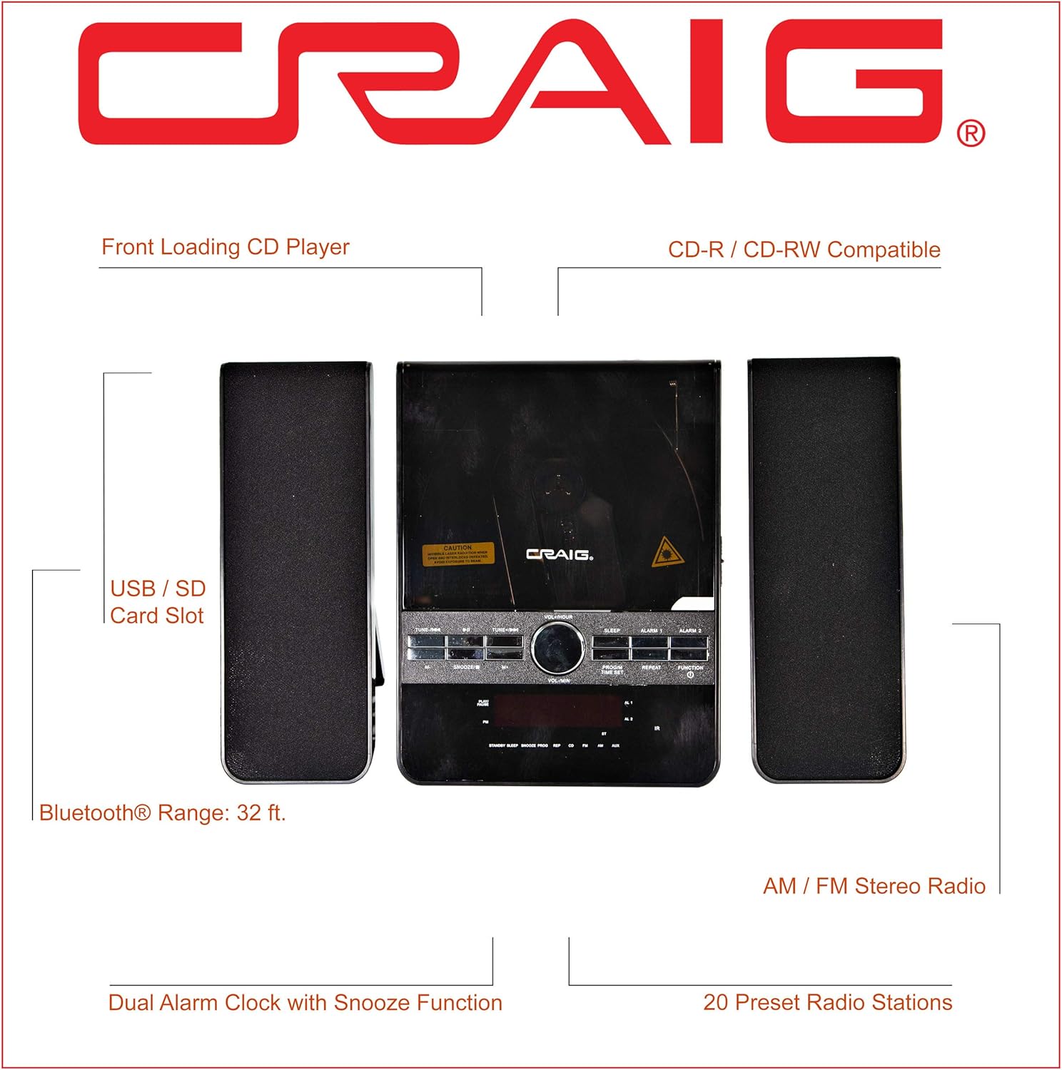 Craig Electronics CM427BT-BK Mini 3-Piece CD Shelf Stereo System with AM/FM Radio and Bluetooth Pack of 2