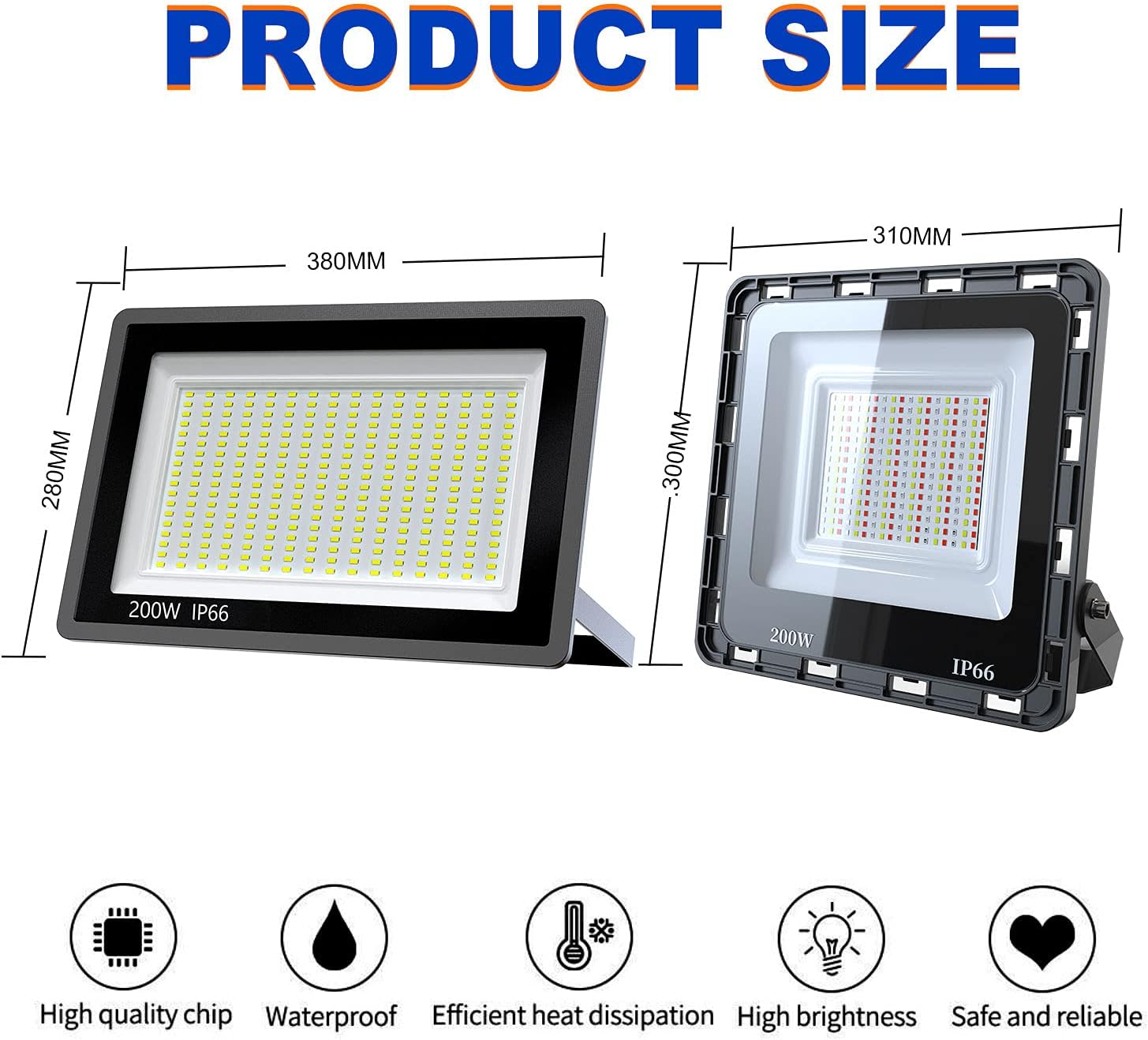 FEELON 4 Pack 200W LED Flood Light Outdoor, 2 Pack 6000K Daylight White Lights + 2 Pack RGB Lights,Super Bright Work Light with Plug,IP66 Waterproof Outdoor Floodlights for Yard, Garden, Playground