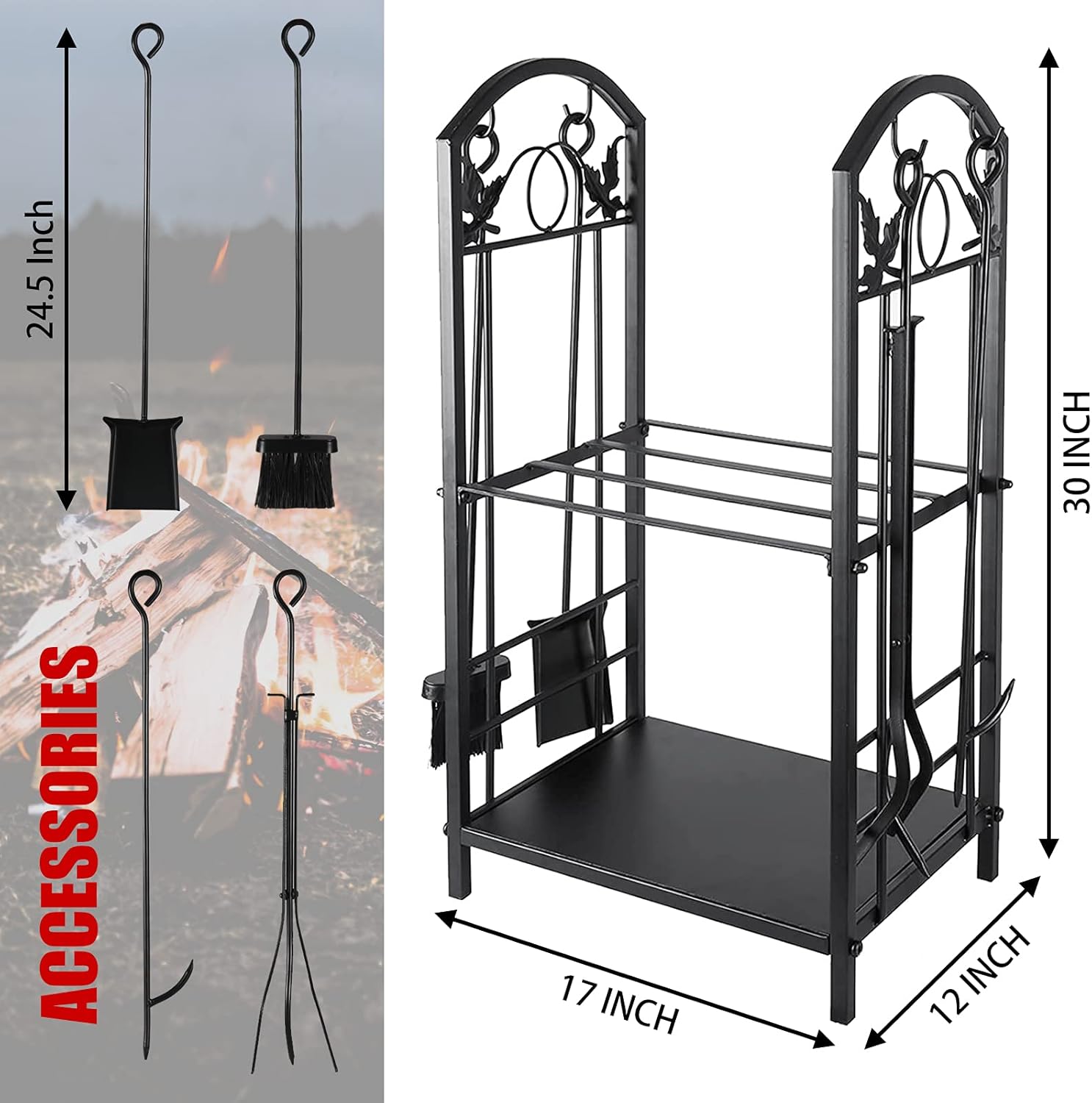 Double Decker Firewood Log Rack,Fireplace Tool Rack with 4 Tools Sets,Indoor Wood Holder,Lumber Storage Stacking Log Holder Rack with Tongs Accessories for Patio, Backyaard, Indoor, Outdoor