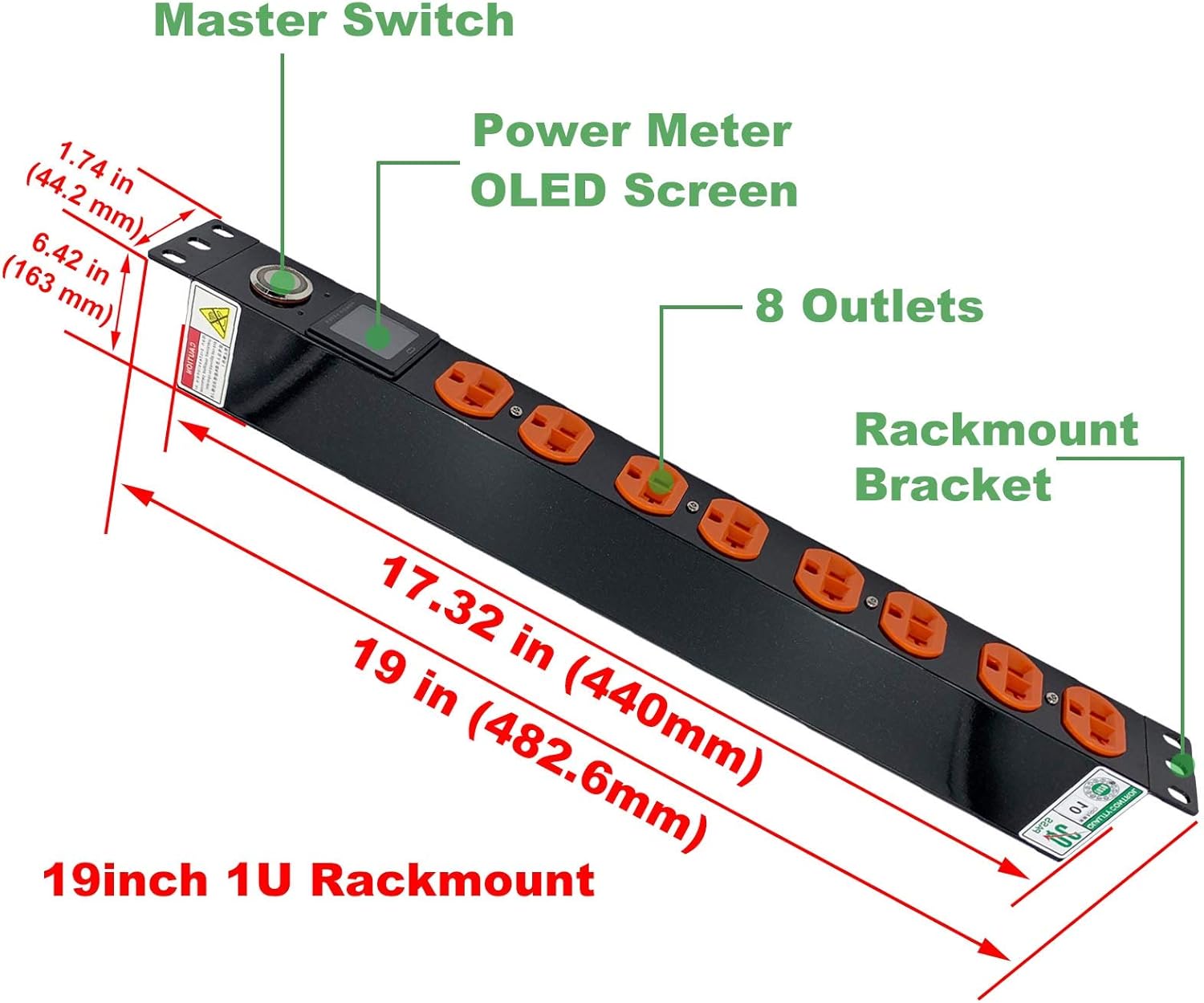 19 Inch 1U 8-Outlet Network-Grade16A Rackmount Metered PDU Power Strip for Cabinet, Data Centers, Server Rooms, Network Wiring Closets, iETong