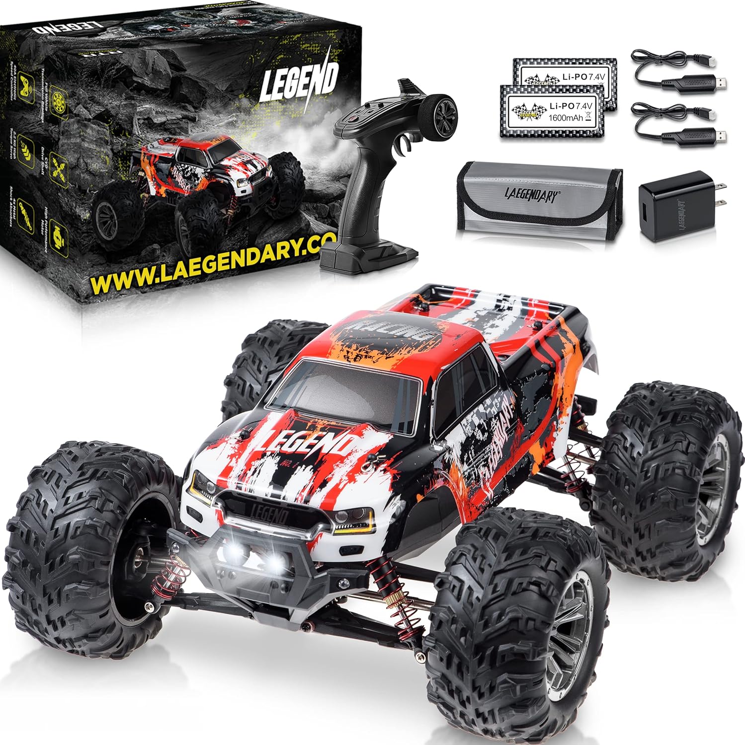 LAEGENDARY Remote Control Car - 4x4 Off Road RC Cars for Adults & Kids - Battery-Powered, Hobby Grade, Waterproof Truck - Reaches up to 30+ MPH - Red - Orange Pack of 2
