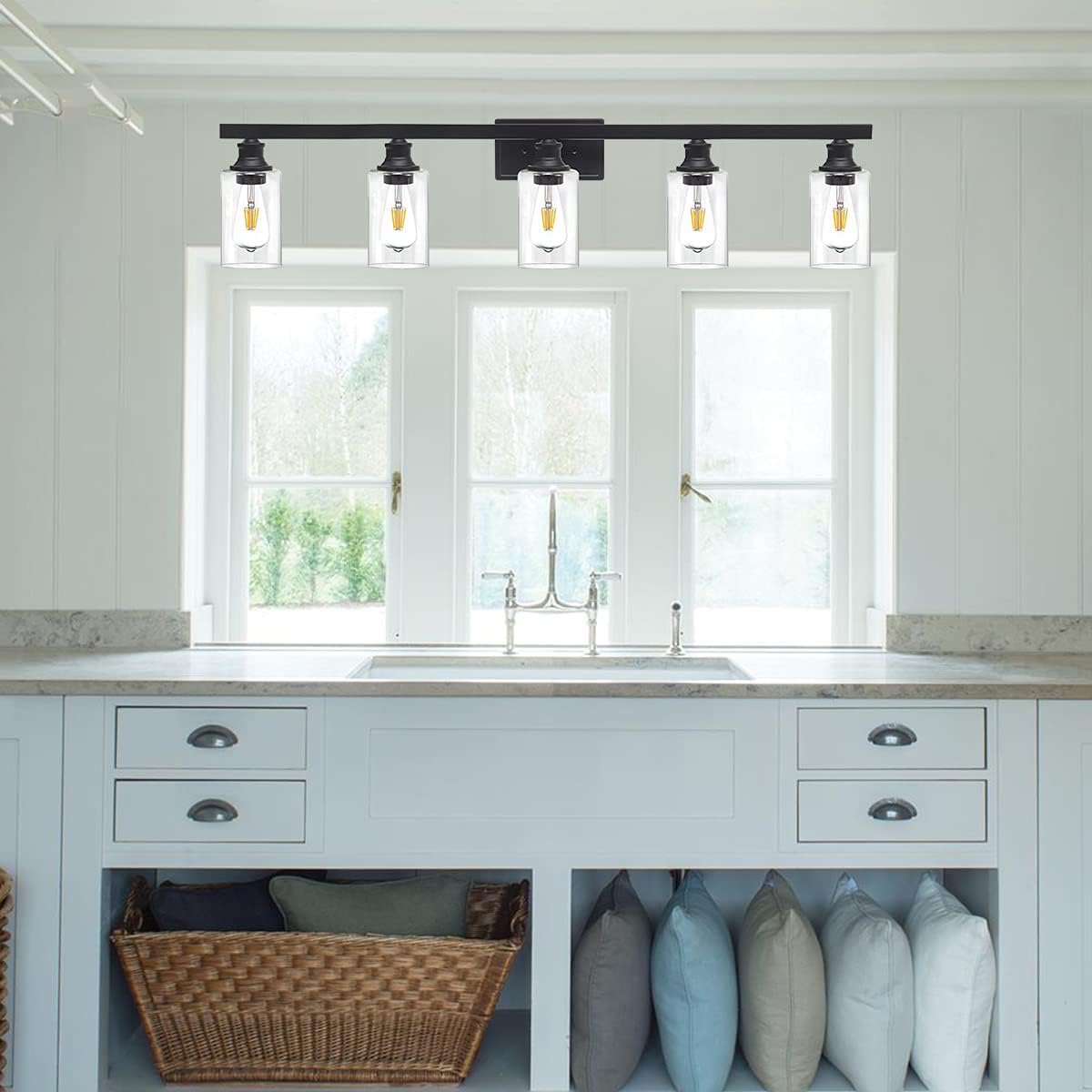 Wanluce 5 Light Vanity Lighting Black Bathroom Light Fixtures,Modern Bathroom Wall Sconce Lighting with Clear Glass Shade Wall Lamp for Mirror Kitchen Living Room Dining Room