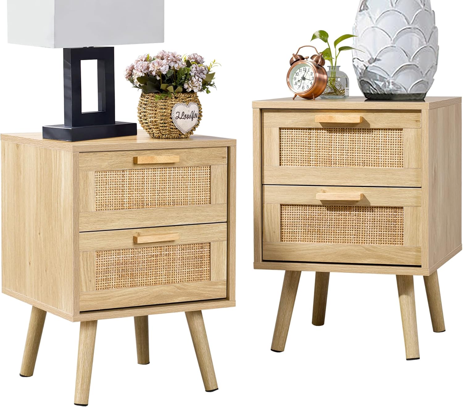 Finnhomy Nightstand, End Table, Side Table with 2 Hand Made Rattan Decorated Drawers, Wood Accent Table with Storage for Bedroom, Natural, 2 Pack