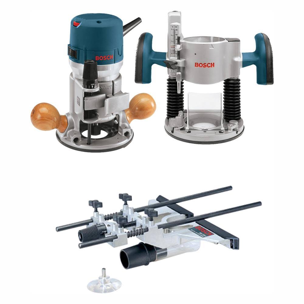 Bosch 12 Amp 2-1/4 HP Plunge and Fixed Base Corded Router Kit with Bonus GUIDE, Dust Extraction Hood and Adapter