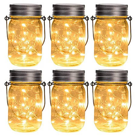 Gigalumi Hanging Solar Mason Jar Lights, 6 Pack 30 LED String Fairy Lights Solar Lanterns Table Lights, 6 Hangers and Jars inclu