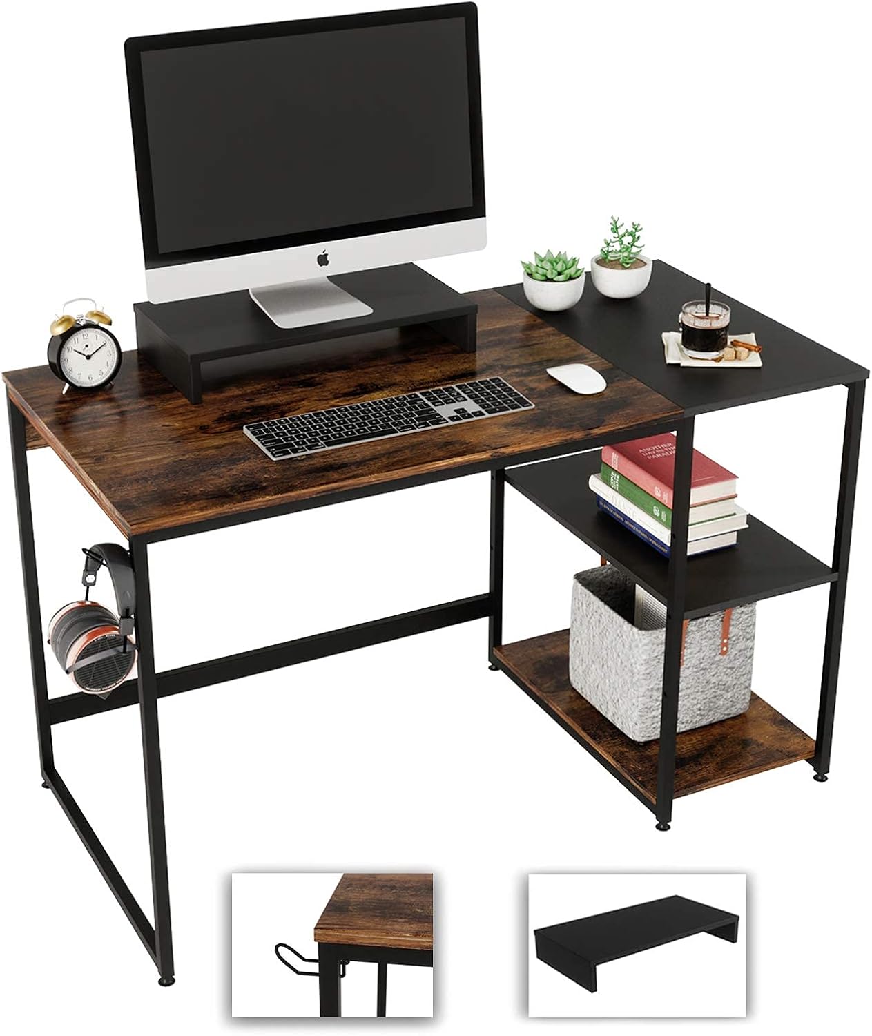 Nost & Host 47 Inch Home Office Desk with Storage Shelves, Computer Desk with Monitor Stand and Headphone Hook, Industrial 2-Tone Small Writing Work Desk Study Table, Rustic Brown and Black