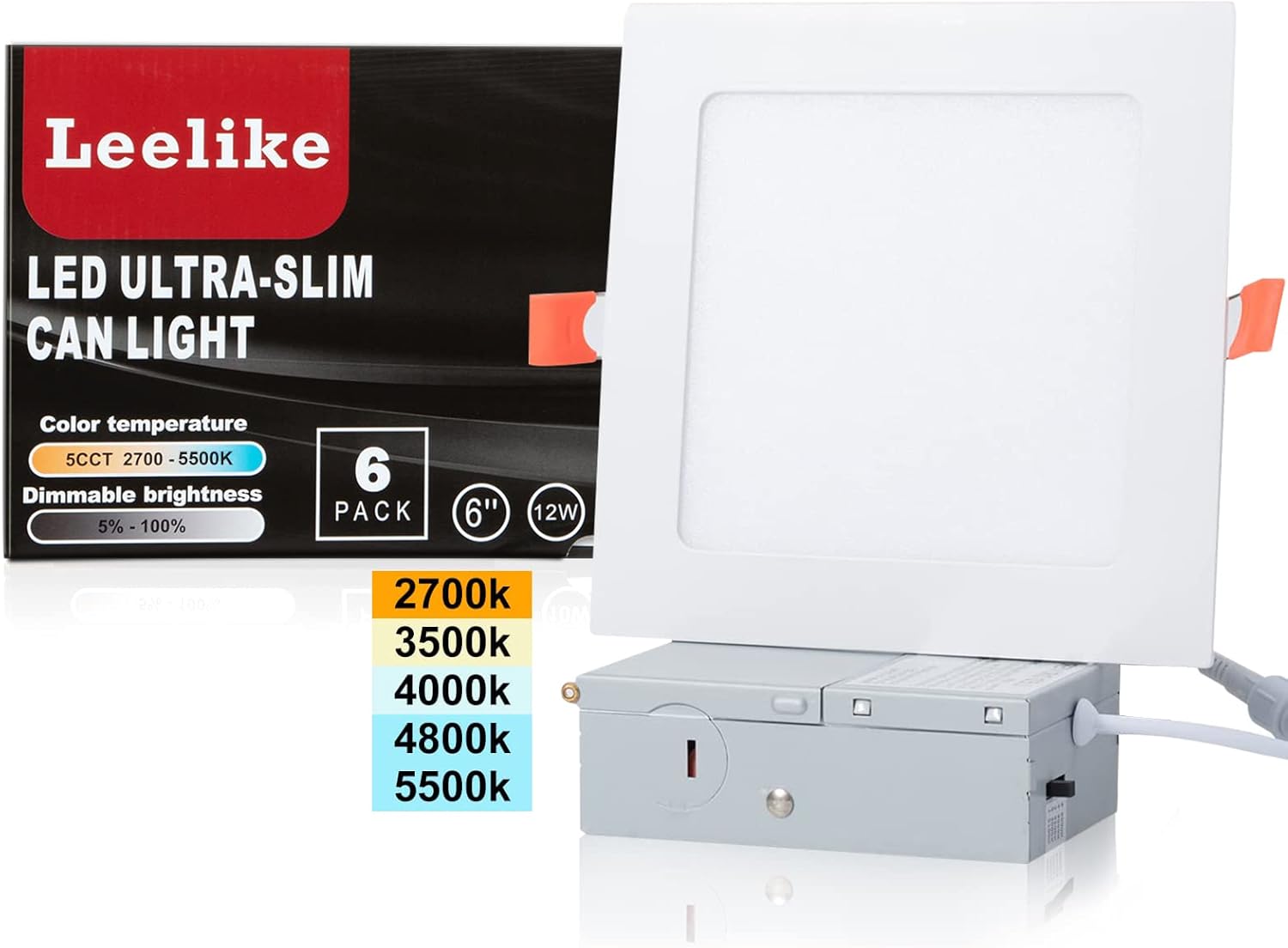 Leelike (6 Pack) 6 inch 12W Dimmable Square LED Can Light Retrofit with Junction Box, 960lm/CRI85 Ultra Thin LED Downlight 5CCT 2700K-5500K Adjustable with a Simple Switch IC Rated Pack of 2