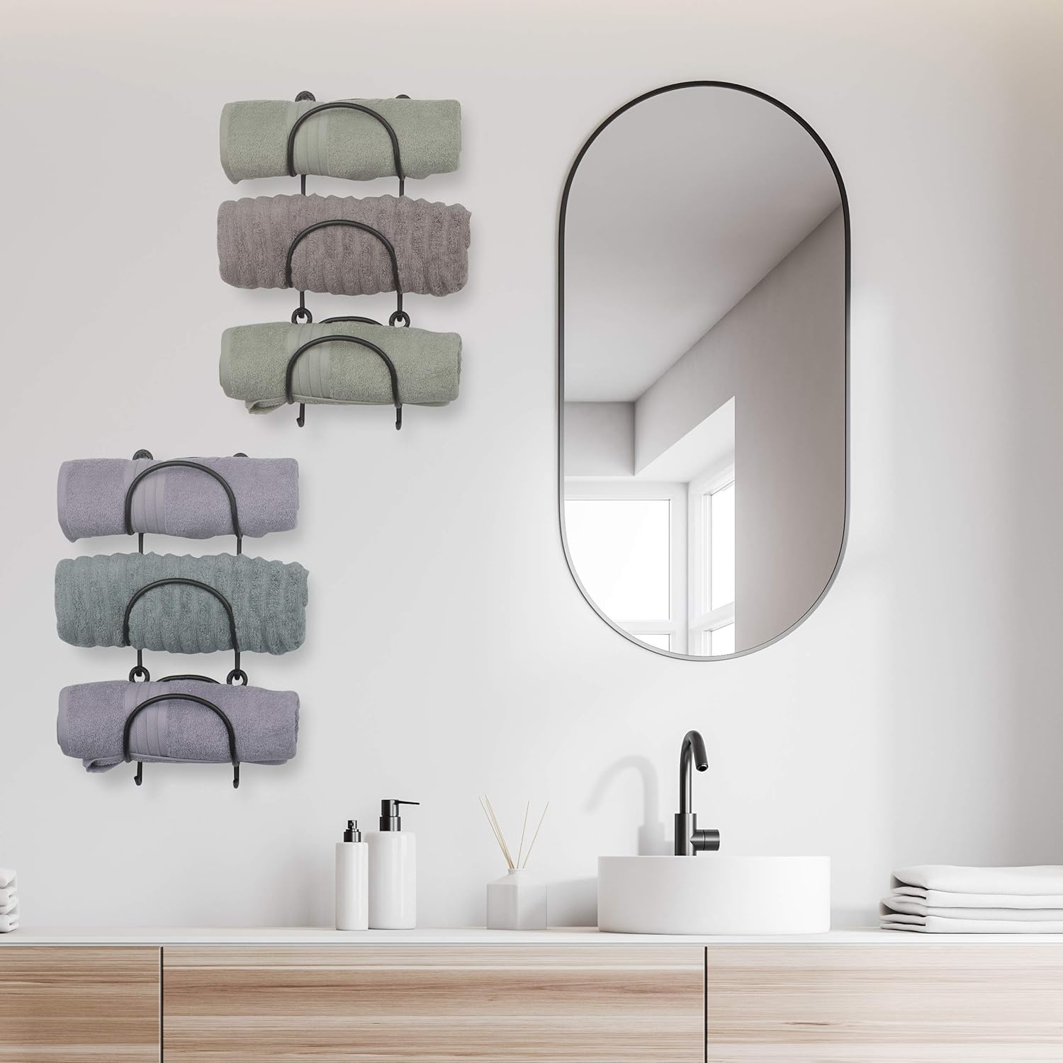 Wallniture Moduwine Bathroom Towel Rack Wall Mount Drawer Organizer Rustic Home Décor Stackable Bathroom Organizer Metal Round Finish with 2 Hooks Black Set of 6 Pack of 2