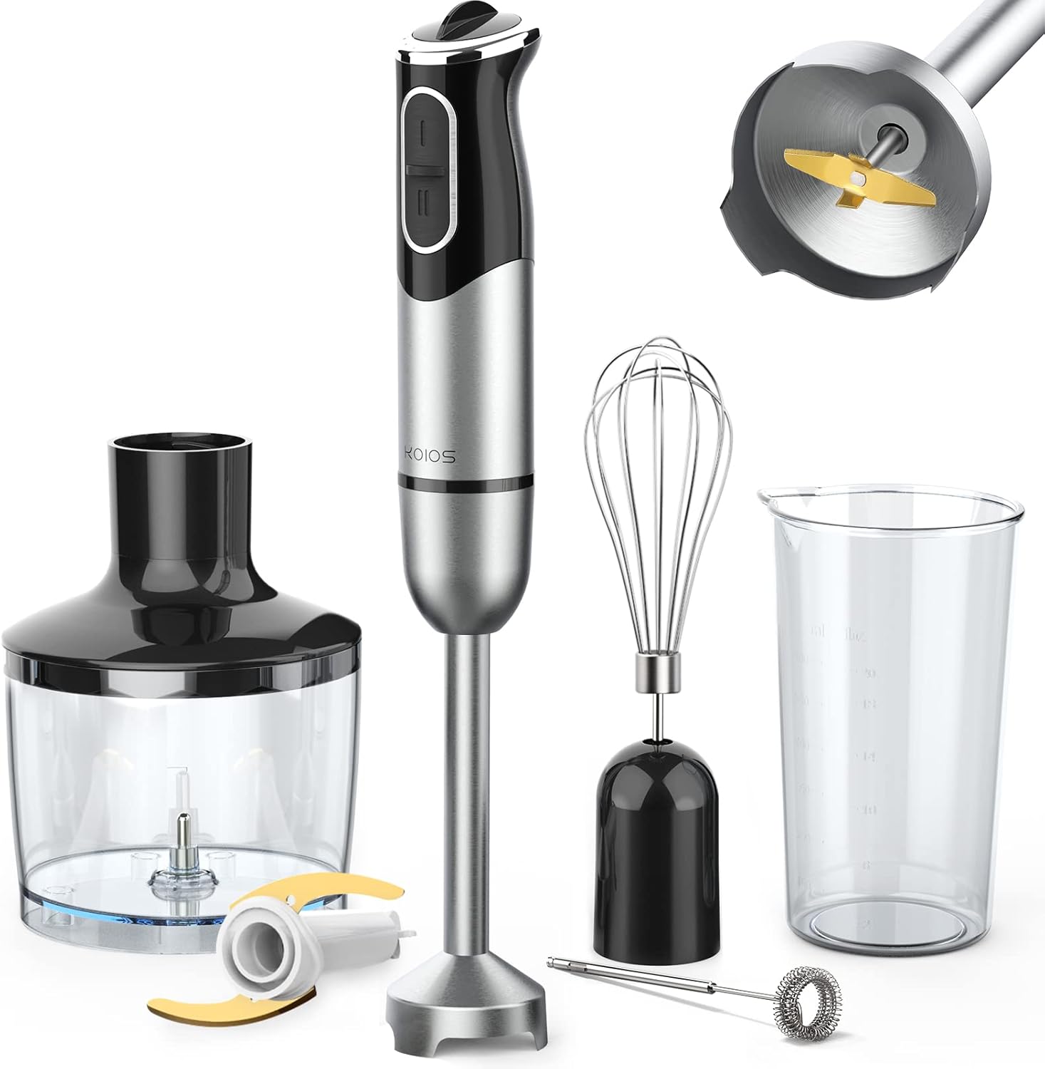 KOIOS 800W Immersion Hand Blender, Multifunctional 5-in-1 Low Noise Stick Mixer, 9-Speed, Stainless Steel, Titanium Plated, 600ml Mixing Beaker, 800ml Chopper, Egg Whisk and Milk Frother Pack of 2