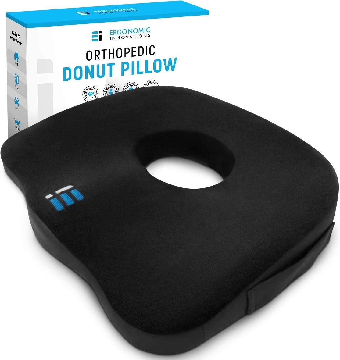 ERGONOMIC INNOVATIONS Orthopedic Donut Pillow: Memory Foam Chair Seat Cushion for Tailbone and Coccyx Pain, Sciatica, and Pressure Relief - Car, Desk, and Office Chair Pad Cushions and Pillows (Black)