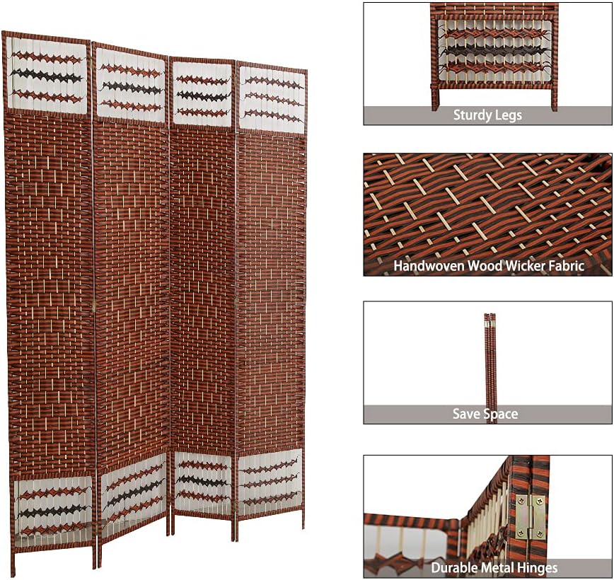 ECOMEX 4 Panel Room Divider Privacy Screen Room Screen Divider Freestanding, 6FT Wall Divider Hand-Woven Design Folding Divider, Portable Partition Screen for Indoor(Red-Brown)