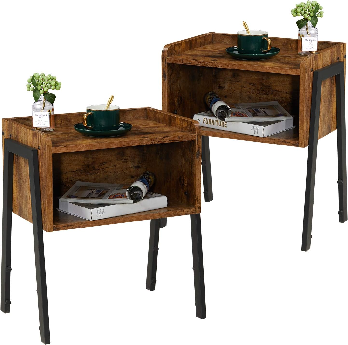 KICODE Night Stand, Set of 2 Stackable End Table with Storage Cabinet, Side Table for Small Spaces, Wood Look Accent Table with Metal Frame, Rustic Brown (2) Pack of 2