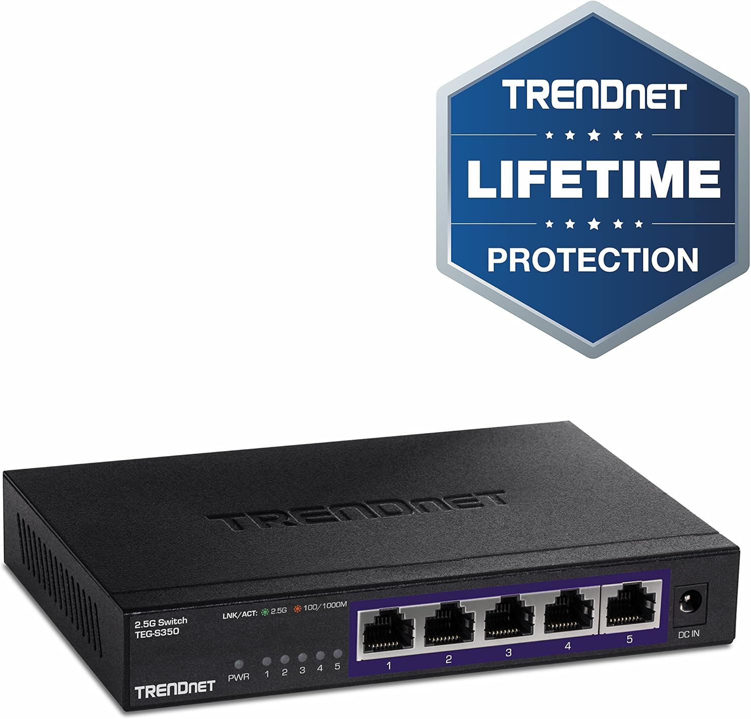 TRENDnet 5-Port Unmanaged 2.5G Switch, 5 x 2.5GBASE-T Ports, 25Gbps Switching Capacity, Backwards Compatible with 10-100-1000Mbps Devices, Fanless, Wall Mountable, Black, (TEG-S350)