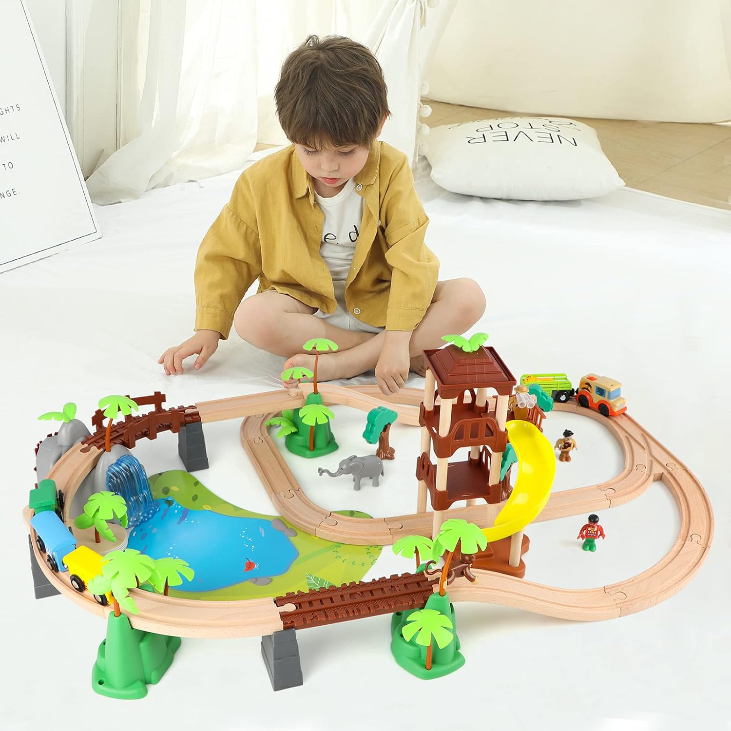 Joqutoys Wooden Train Set, 107 Pcs Toy Train Set with Battery Operated Train & 2 Sound Tracks, Premium Wood Train Tracks Toys for Toddlers 3,4,5 Years Old