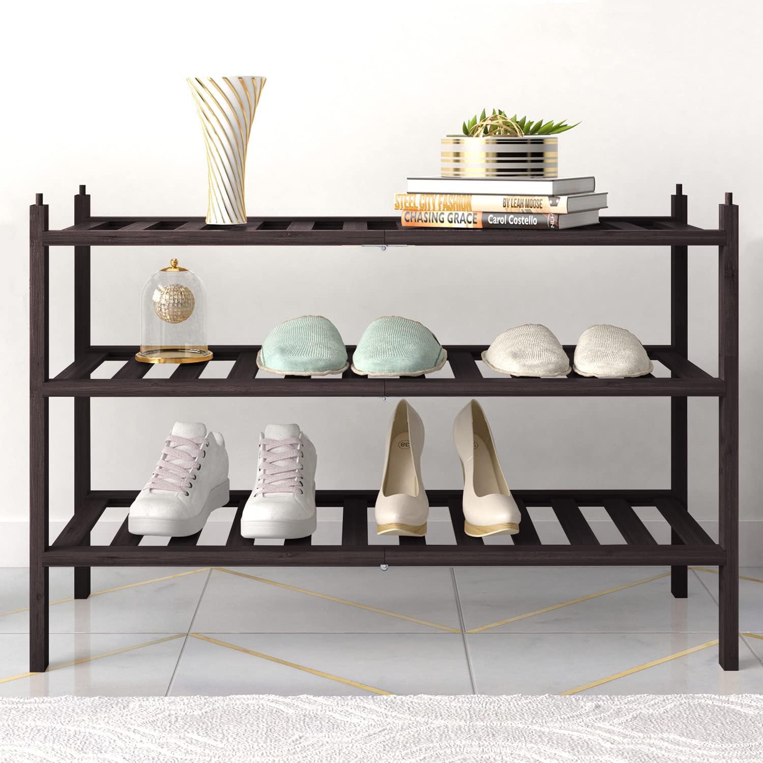 BAMFOX 3-Tier Shoe Rack,Bamboo Stackable Shoe shelf Storage Organizer For Entryway, Hallway, and Closet