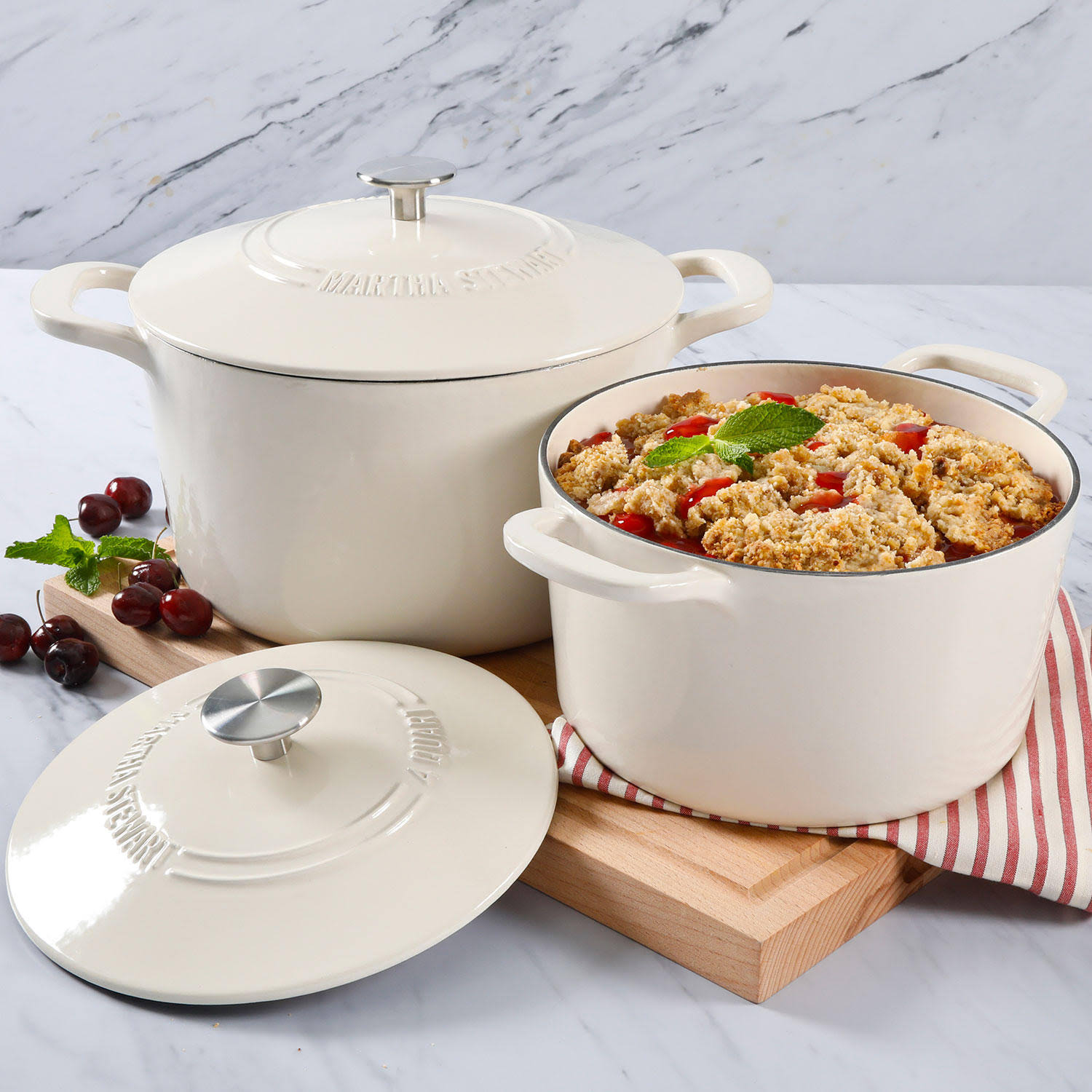 Martha Stewart 2-Pack 4-Quart u0026 7-Quart Enamel on Cast Iron Dutch Ovens-White