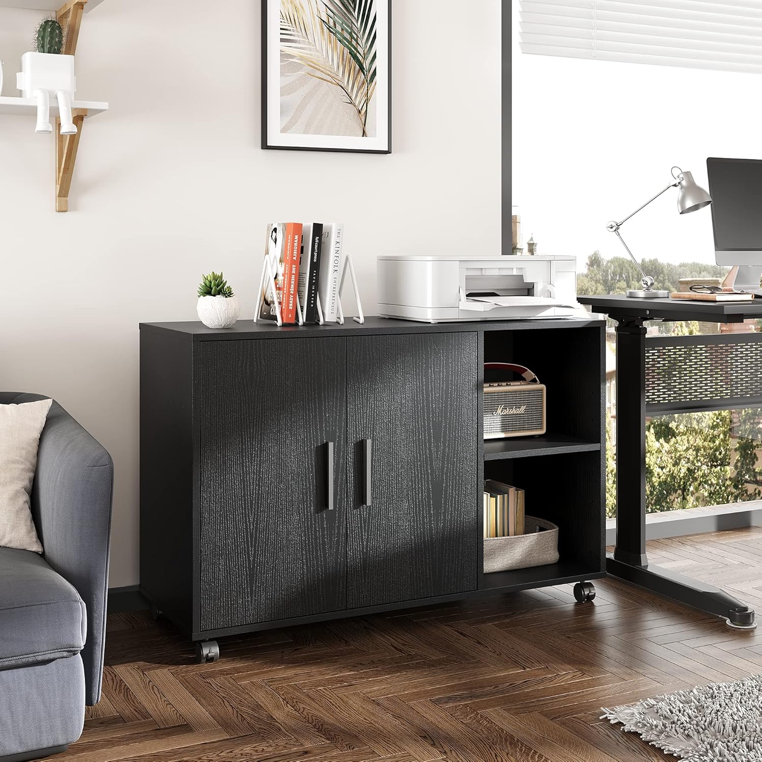 DEVAISE Rolling File Cabinet, Wood Storage Cabinet with Dual Doors, Large Printer Stand on Lockable Wheels for Home Office, Black