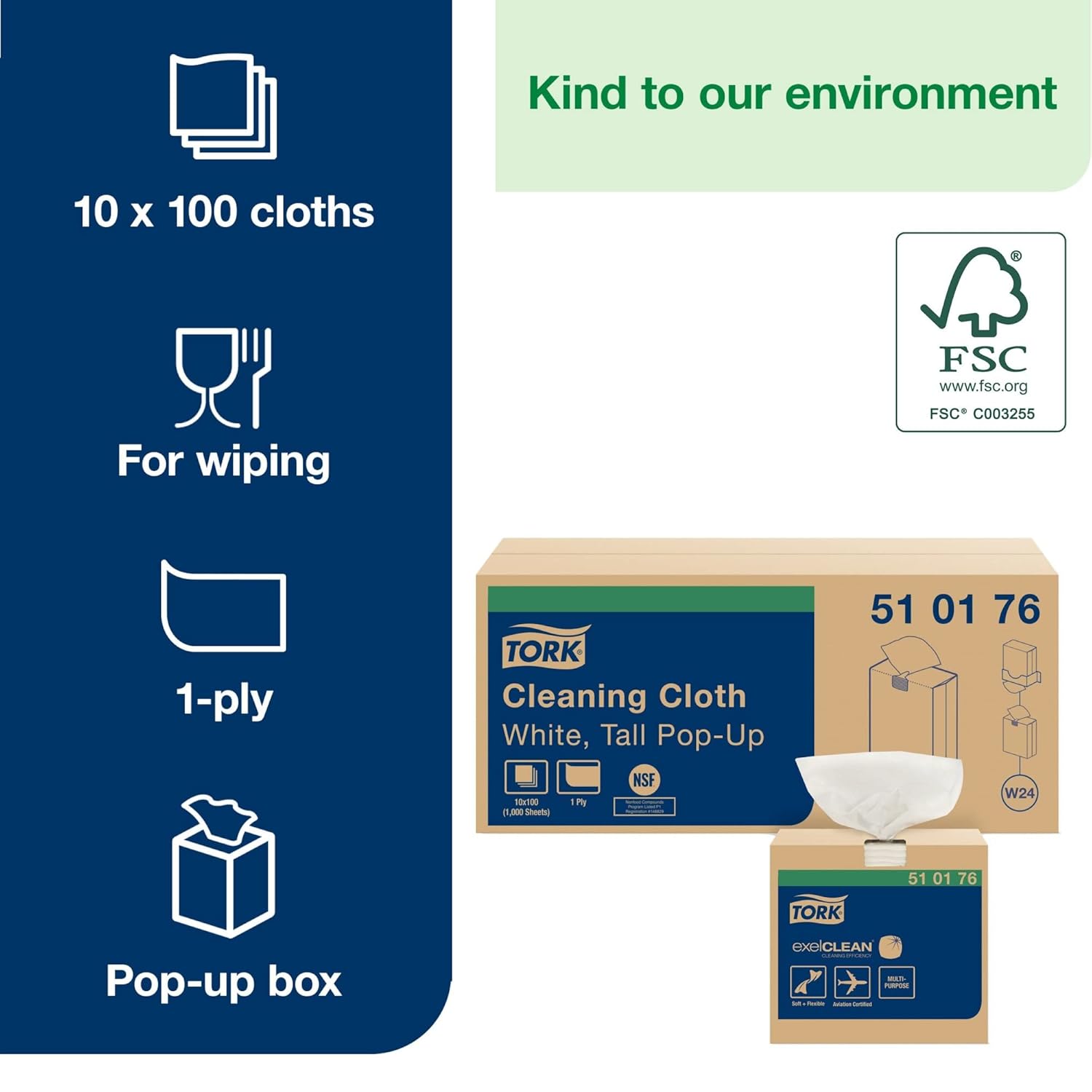 Tork Cleaning Cloth White W24, Pop Up, 10 x 100 sheets, 510176 Pack of 2