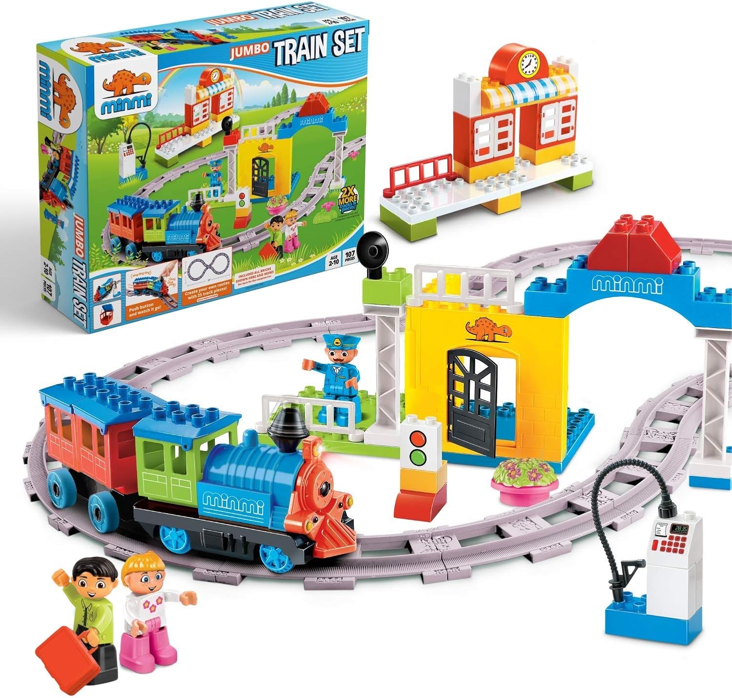 Minmi Motorized Train Set and Tracks Building Blocks (107 Piece Set - Jumbo)