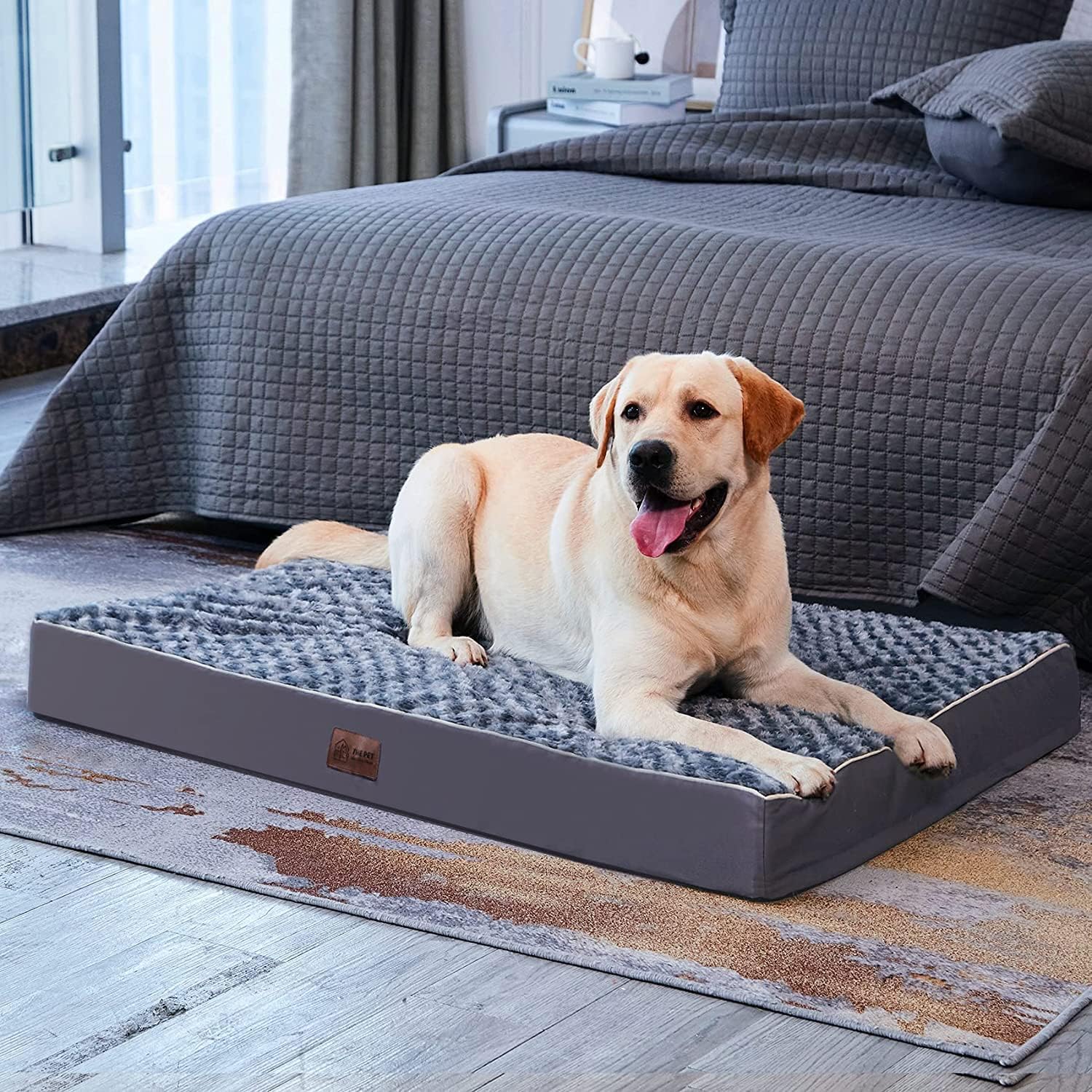 Large Orthopedic Dog Bed for Medium, Large and Extra Large Dogs, Egg-Crate Foam Pet Bed Mat with Rose Plush Removable Cover, Waterproof Lining, and Non-Slip Bottom, Machine Washable (XL(42
