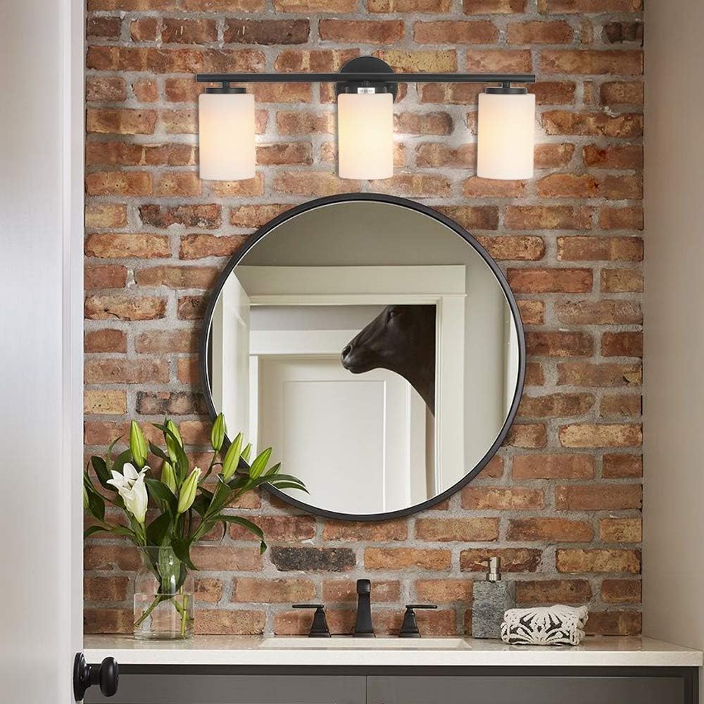 LMSOD Black Vintage Vanity Lighting Fixture, 3-Light Industrial Bathroom Wall Light Sconce with Frosted Milky White Glass Shade