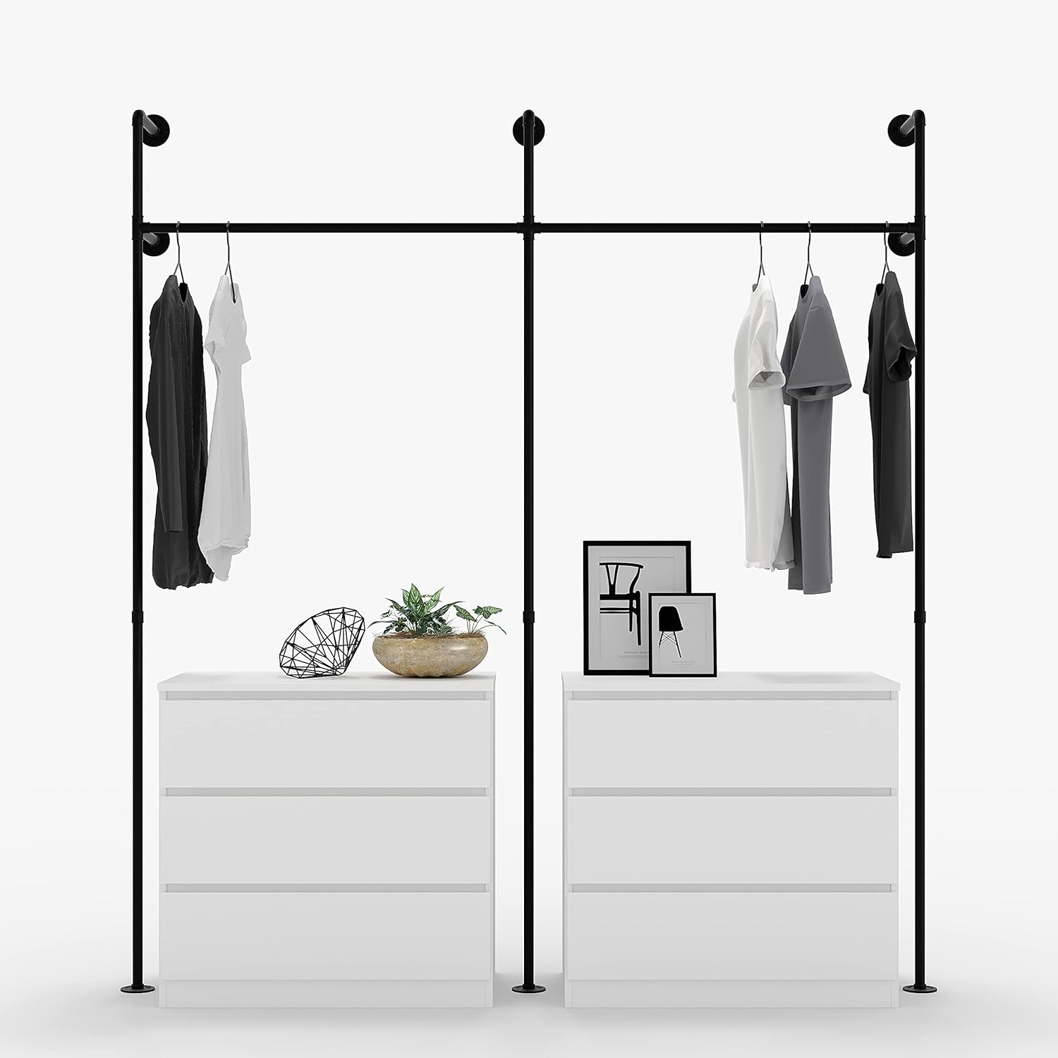 pamo clothes rail with industrial loft design &ndash; accessible wardrobe solution | bedroom clothes rail made from robust black pipes for wall mounting