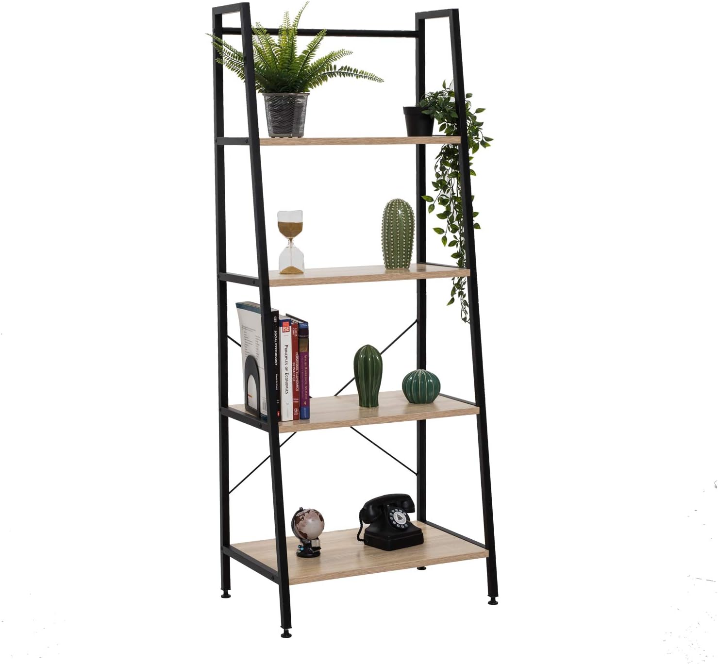 Bestier Vintage Ladder Shelf 4 Tier Bookshelf Metal and Wood Bookcase Home Office Storage Rack Display Shelf P2 Wood