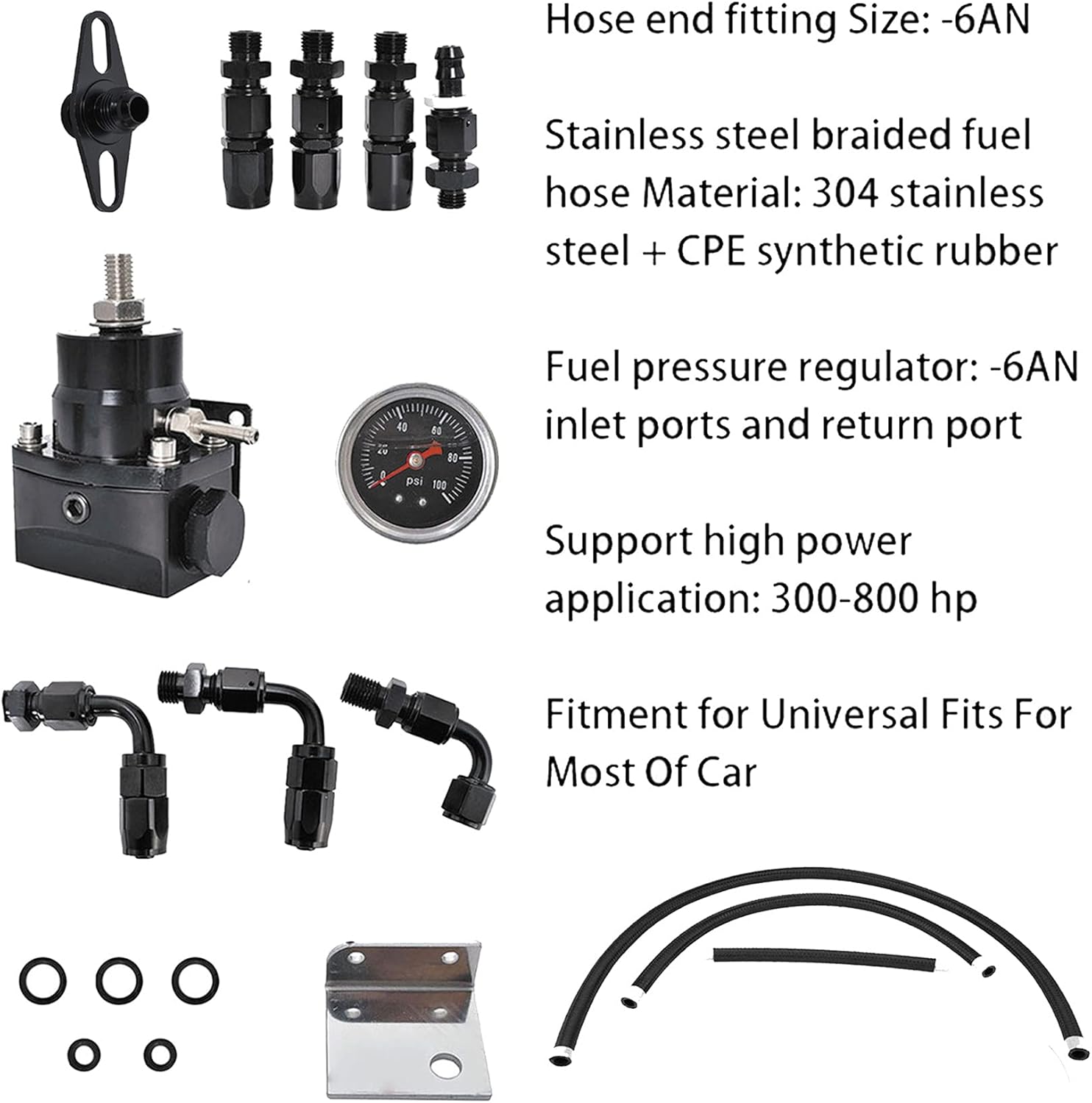 WFLNHB Universal Adjustable Fuel Pressure Regulator Kit with 0-100 psi Gauge and AN-6 Fuel Line Hose Fittings Black