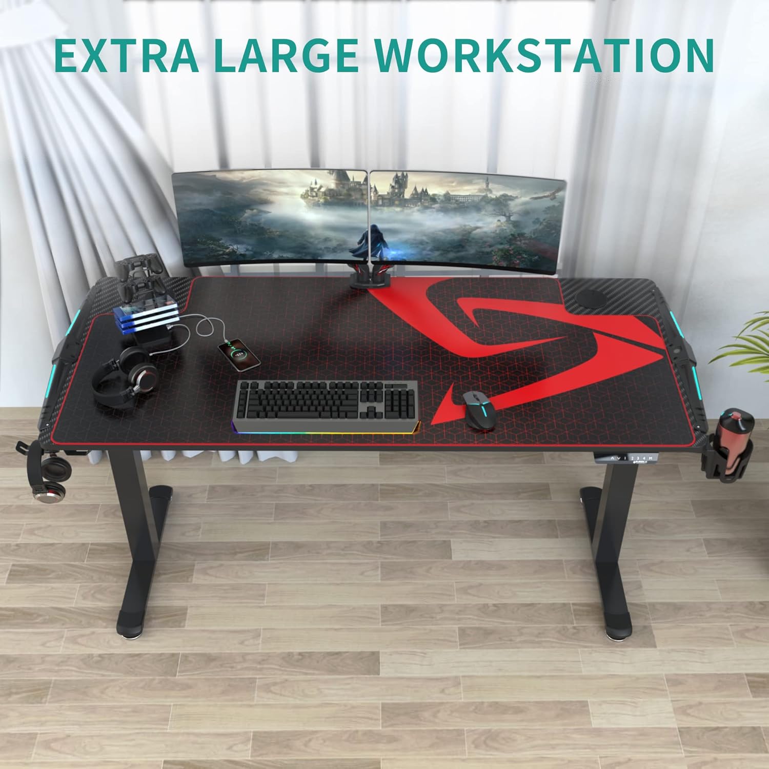 It's_Organized 65 inch Electric Height Adjustable Gaming Standing Desk,Dual Motor Sit Stand Up Home Office Desk with RGB LED Lights & Full Desk Mouse Pad,Smart Memory Preset,Black