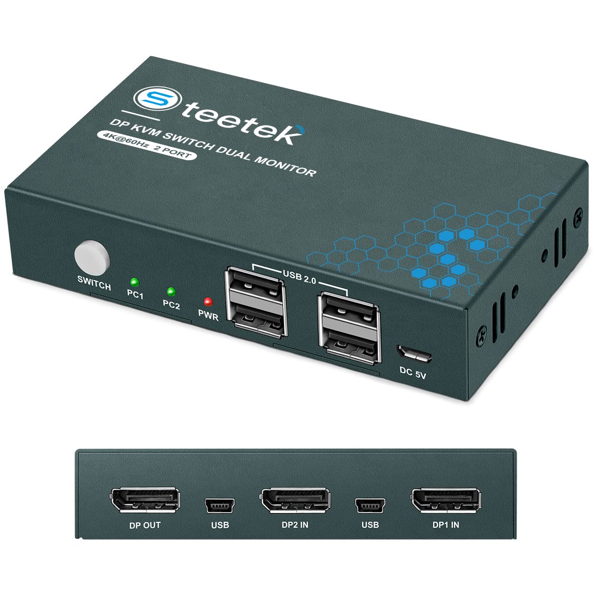 KVM Switch Displayport 2 Port, 4K@60Hz (YUV 4:4:4), DP 1.2 and 4 USB 2.0, DP KVM Switch for 2 Computers Share 1 Monitor and 1 Set Keyboard Mouse, Button Switch with 2 DP Cables and 2 USB Cables Pack of 2