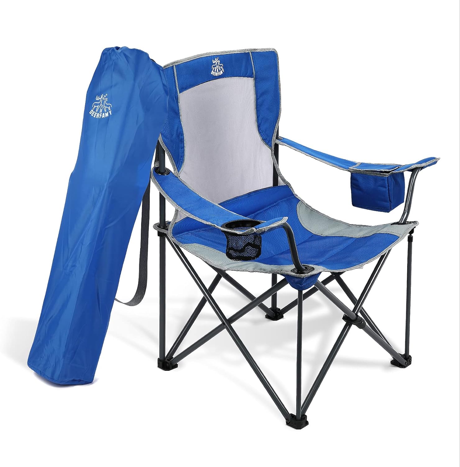 DEERFAMY Outdoor Beach Folding Chairs for Adults Easy Fold up Tall Large Cool Mesh with Side Pocket & Cup Holder & Carry Bag Seat for Youth Blue