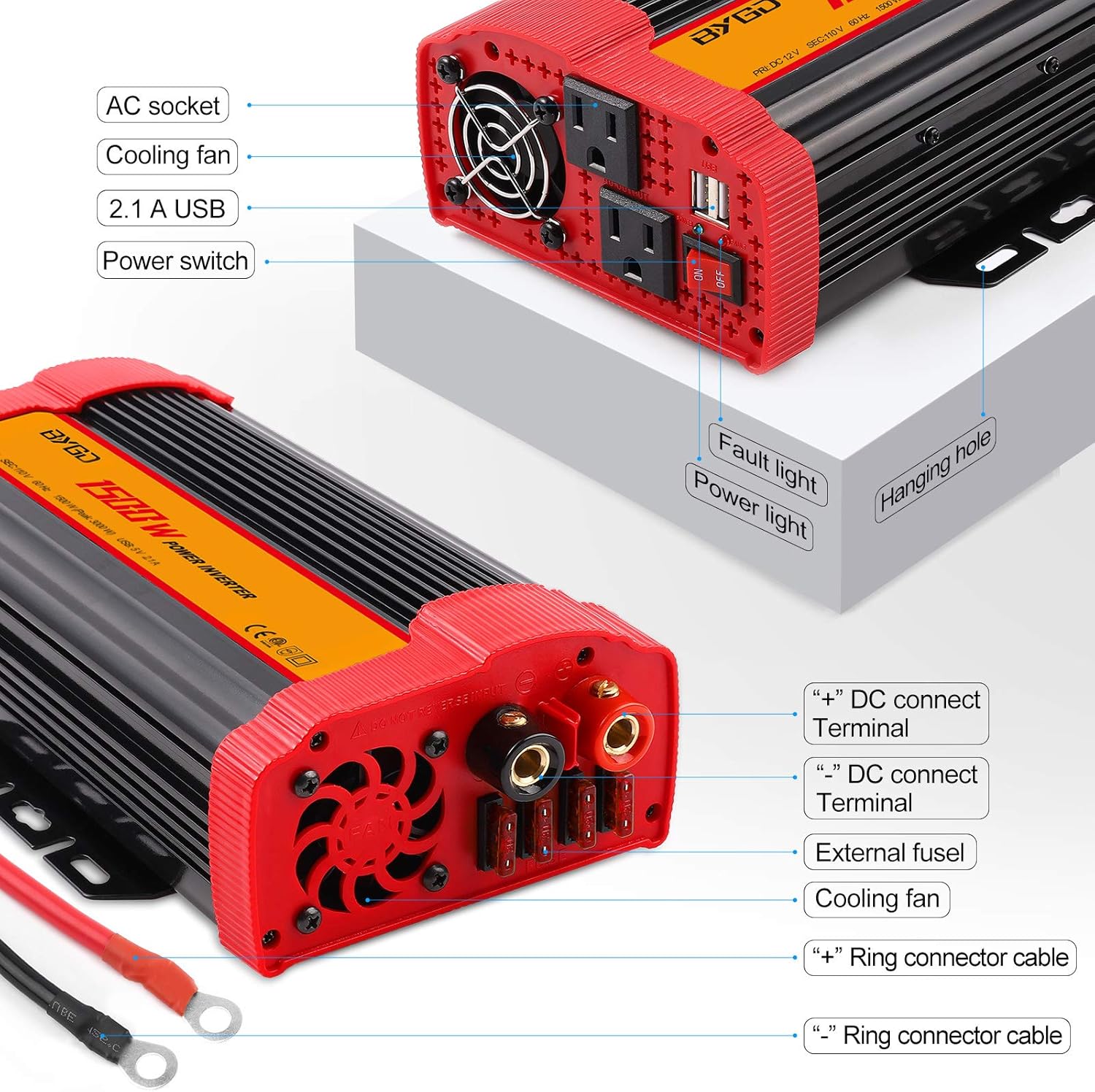 1500W Power Inverter DC 12V to 110V AC Converter and Peak Power 3000W Car Inverter with 2 x 2.1A USB Ports Quick Charging Car Charger, Solar Inverter ETL Listed