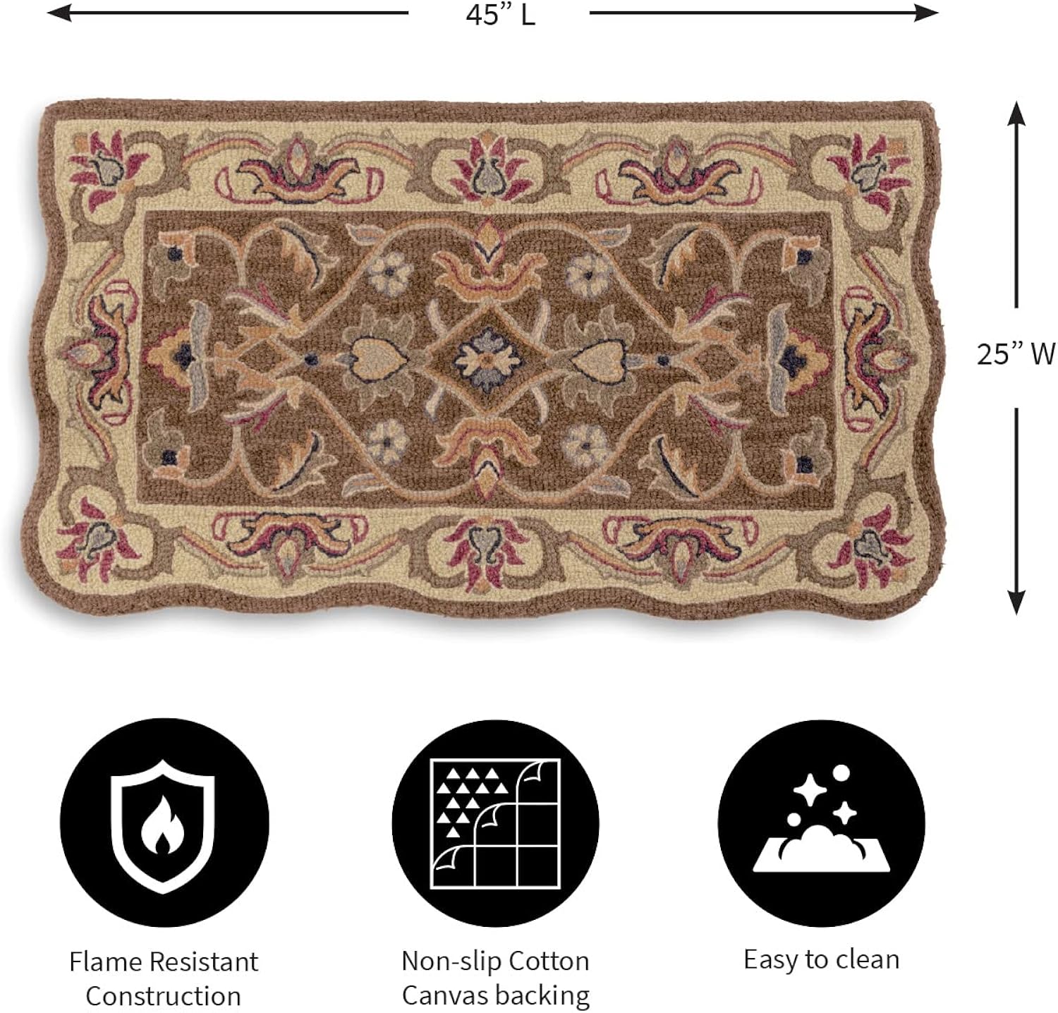 Rectangular Hand Tufted Fire Resistant Scalloped Wool Fireplace McLean Hearth Rug 25 W x 45 L Brown/Gold